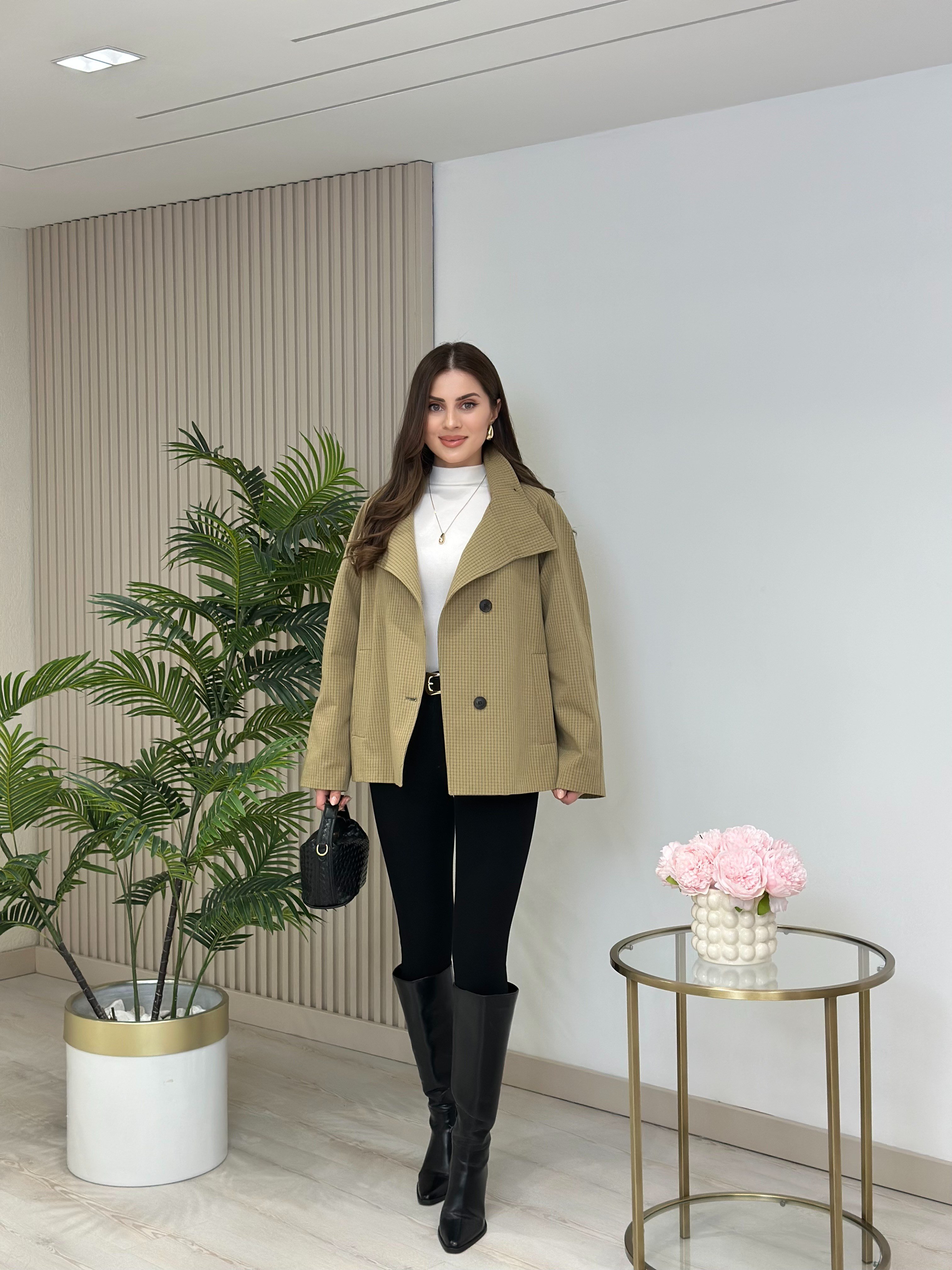 Ekose Dik Yaka Astarlı Ceket olive