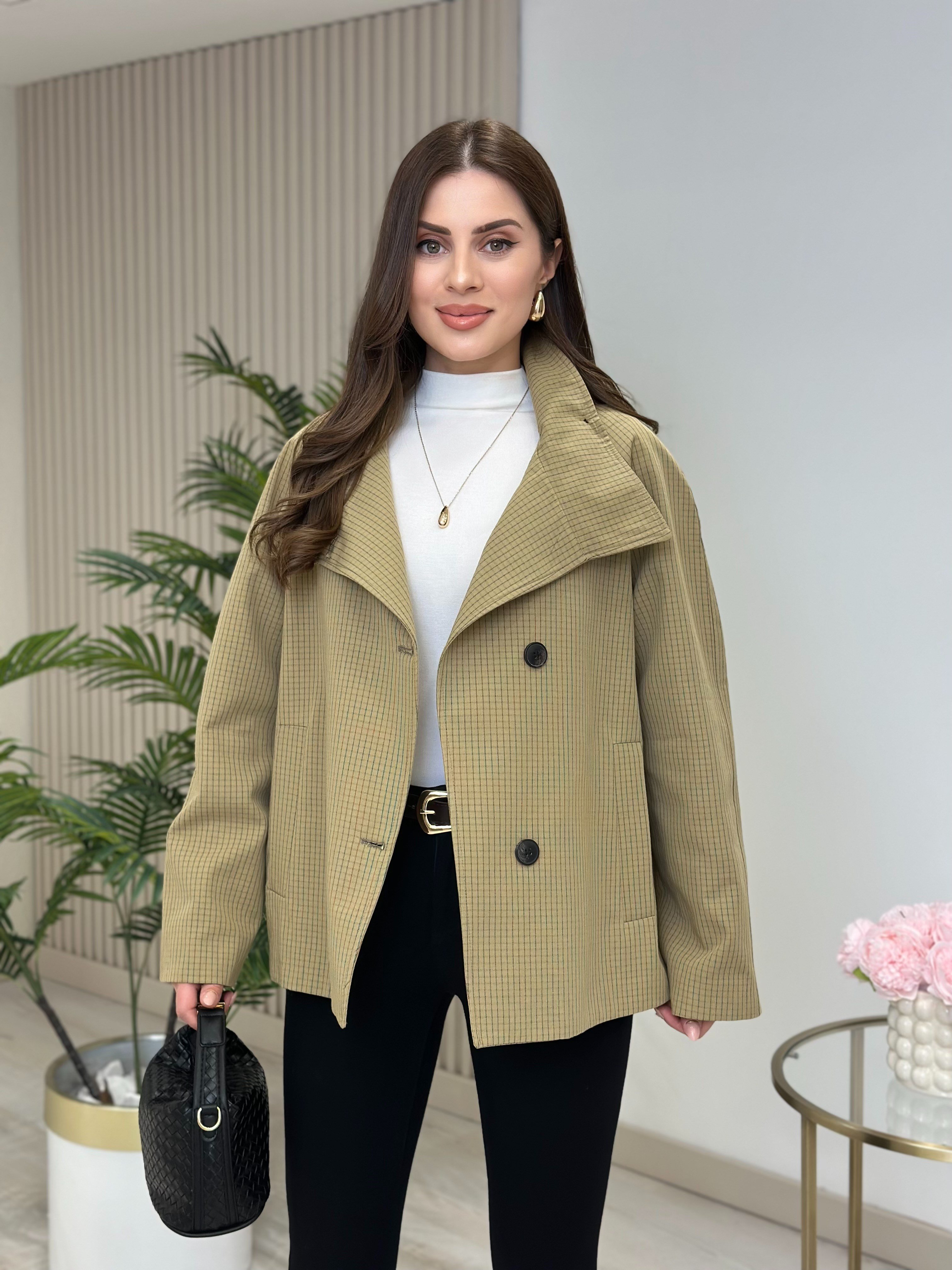 Ekose Dik Yaka Astarlı Ceket olive