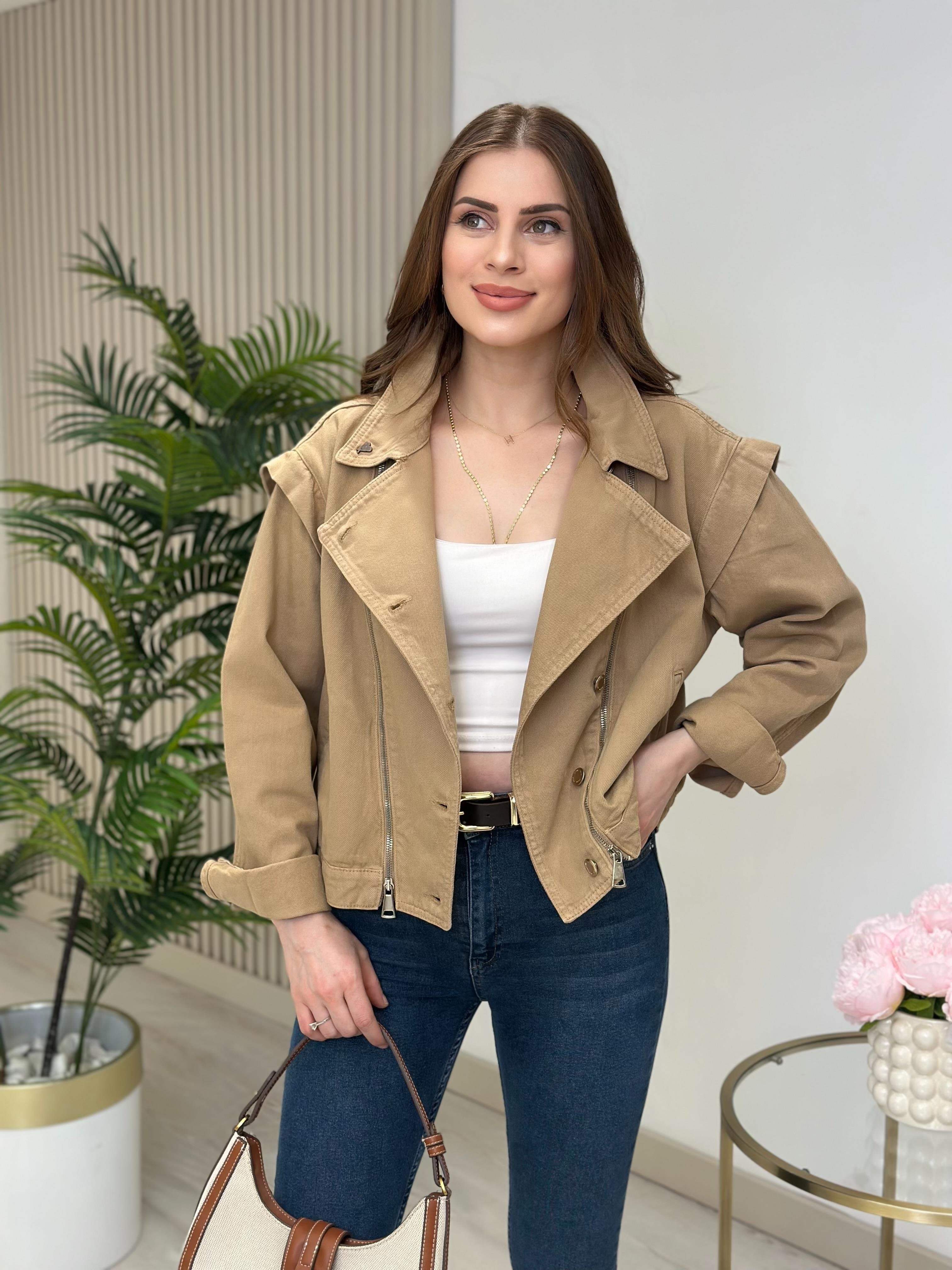 Fermuar Detaylı Kot Ceket Camel