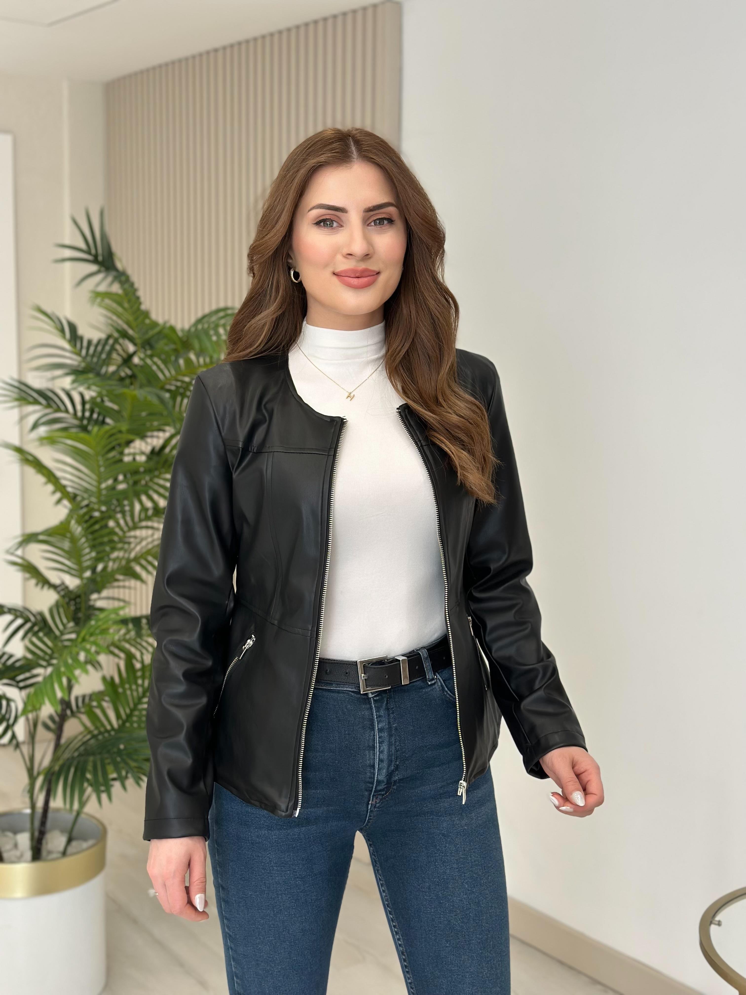 Fermuarlı Sıfır Yaka Deri Mont Siyah