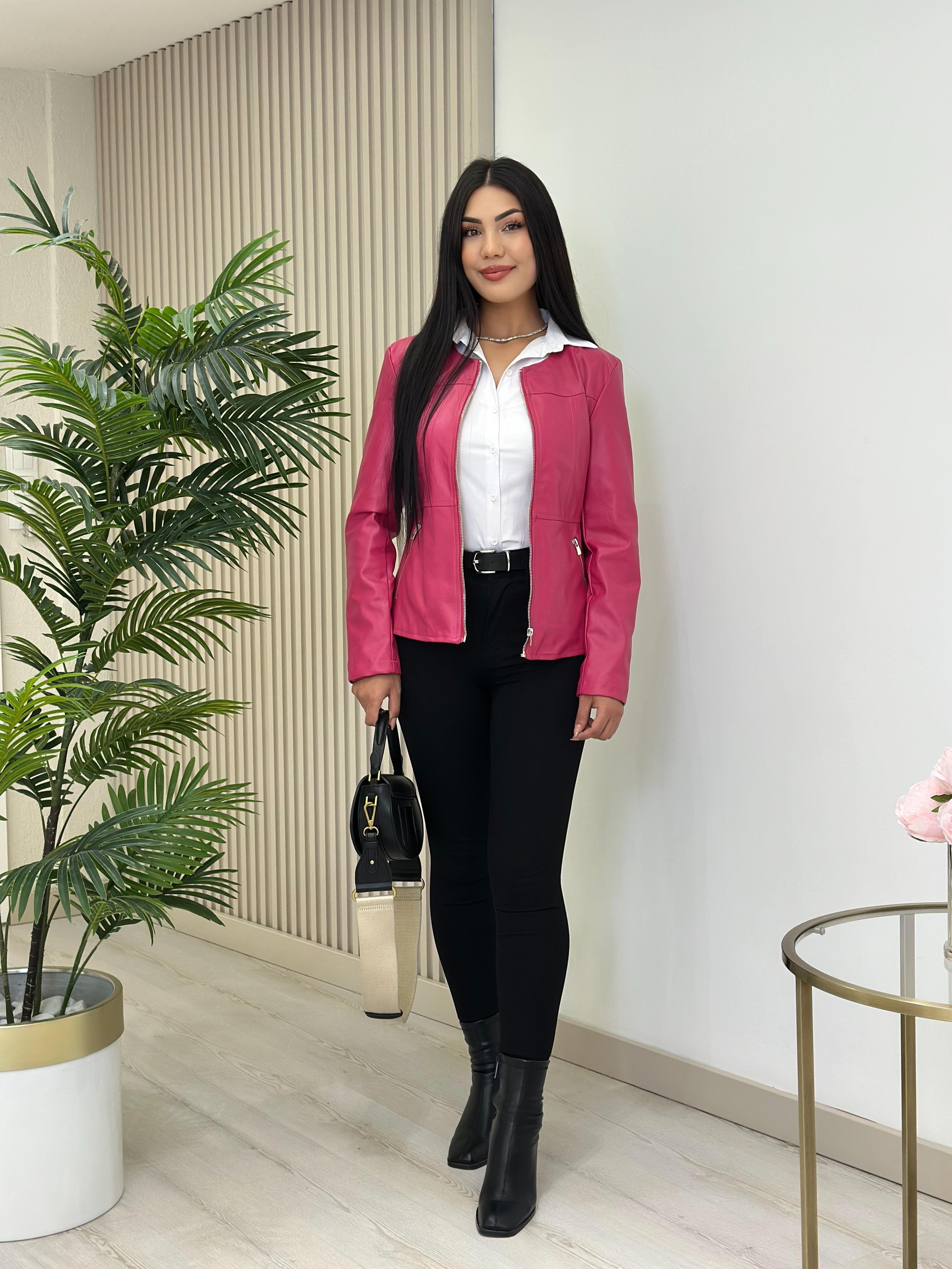 Fermuarlı Sıfır Yaka Marka Model Deri Mont Fuşya