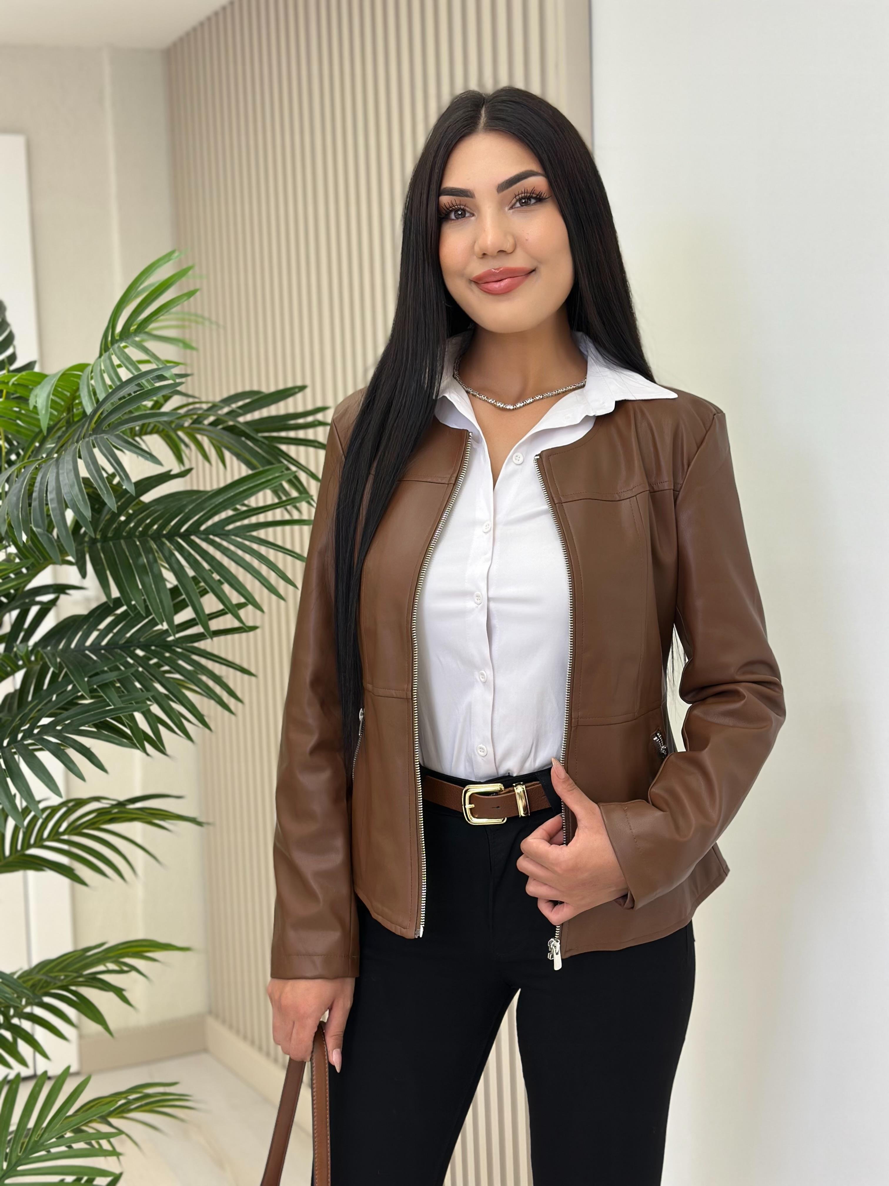 Fermuarlı Sıfır Yaka Marka Model Deri Mont Taba
