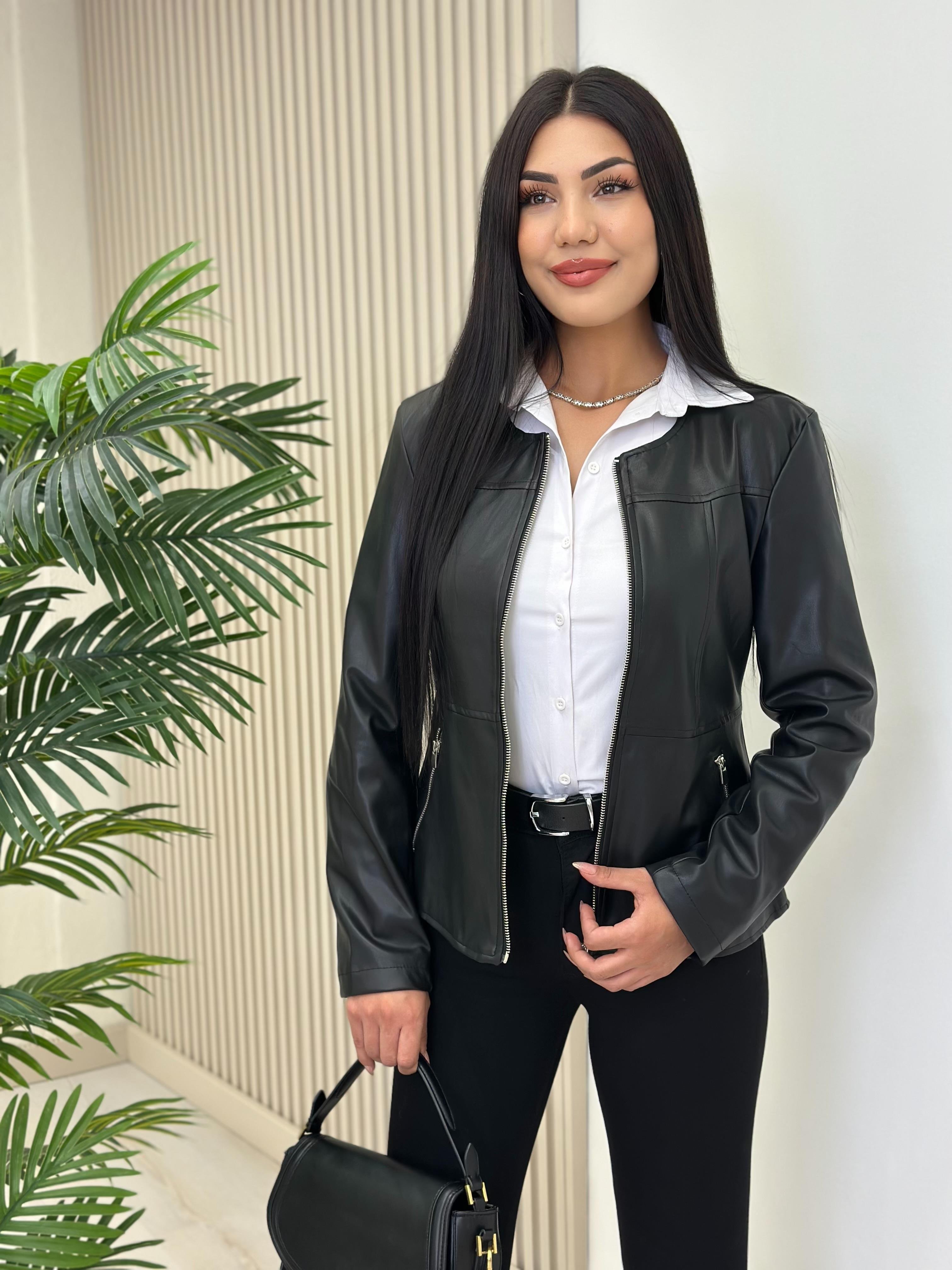 Fermuarlı Sıfır Yaka Marka Model Deri Mont Siyah
