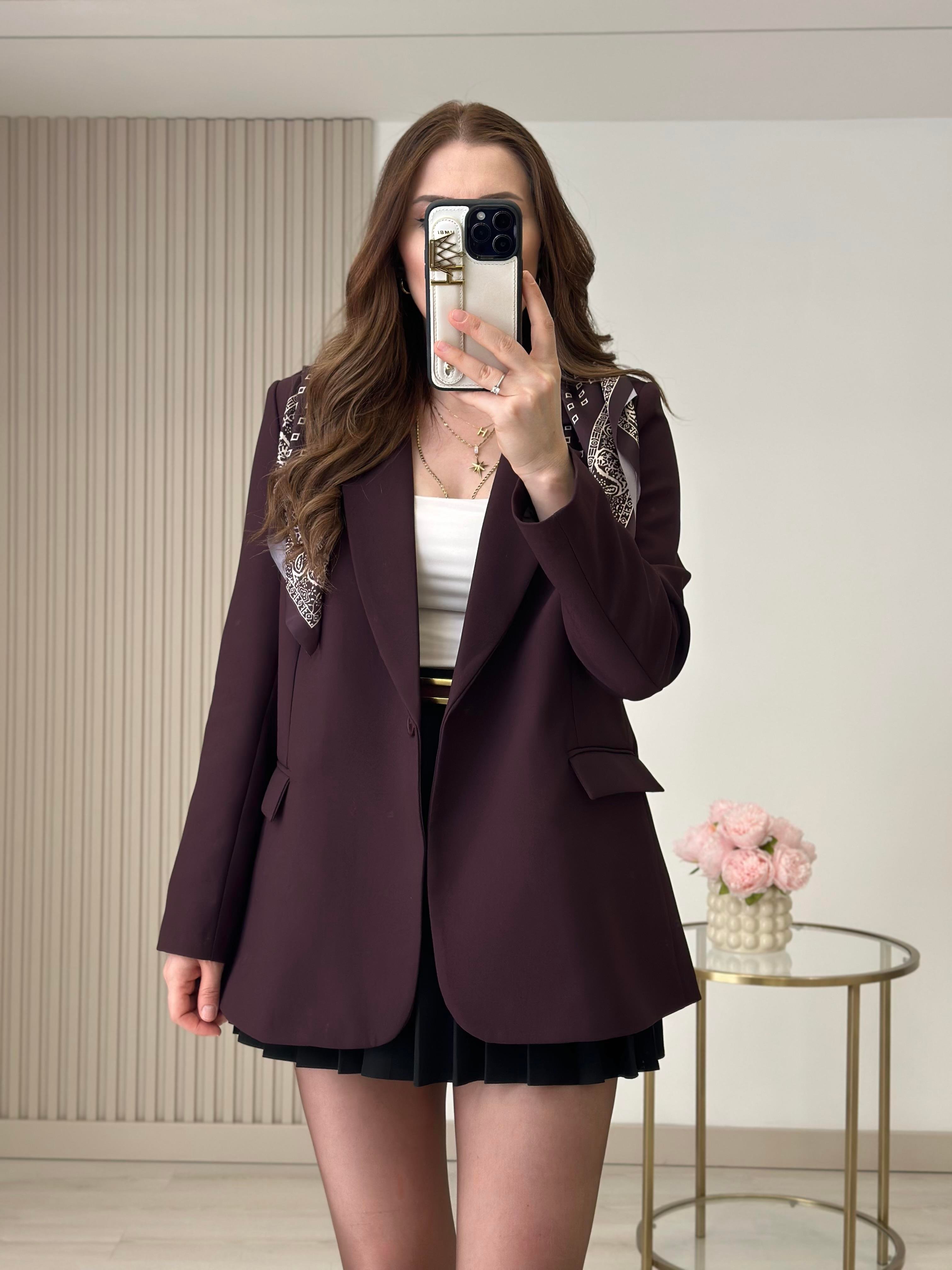 Fular Detaylı Vatkalı Rahat Kalıp Blazer Ceket Mürdüm