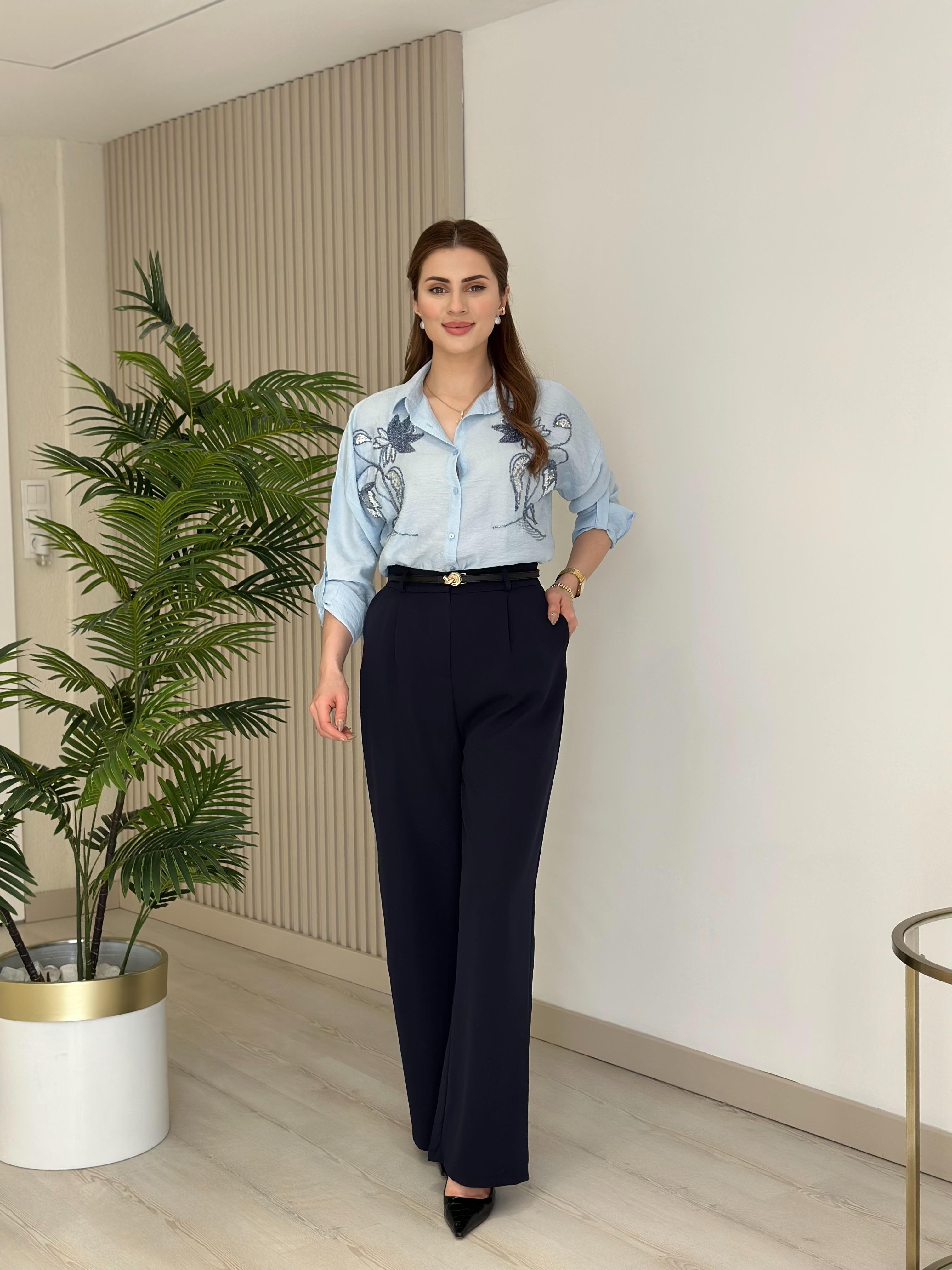 Göğsü Lale Nakışlı Ayrobin Keten Gömlek Bebe Mavi