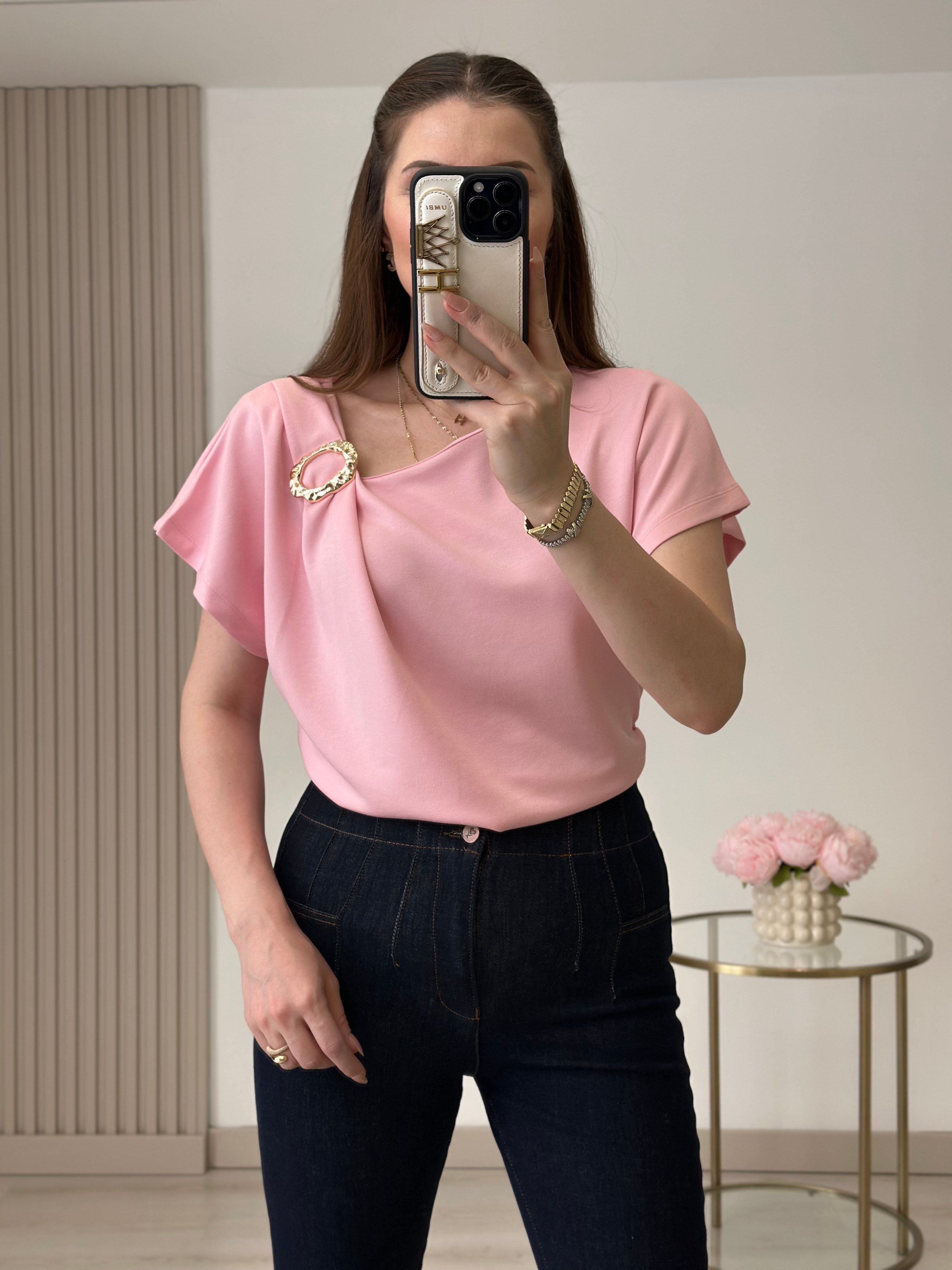 Gold Broşlu Drapeli Modal Kumaş Bluz Toz Pembe