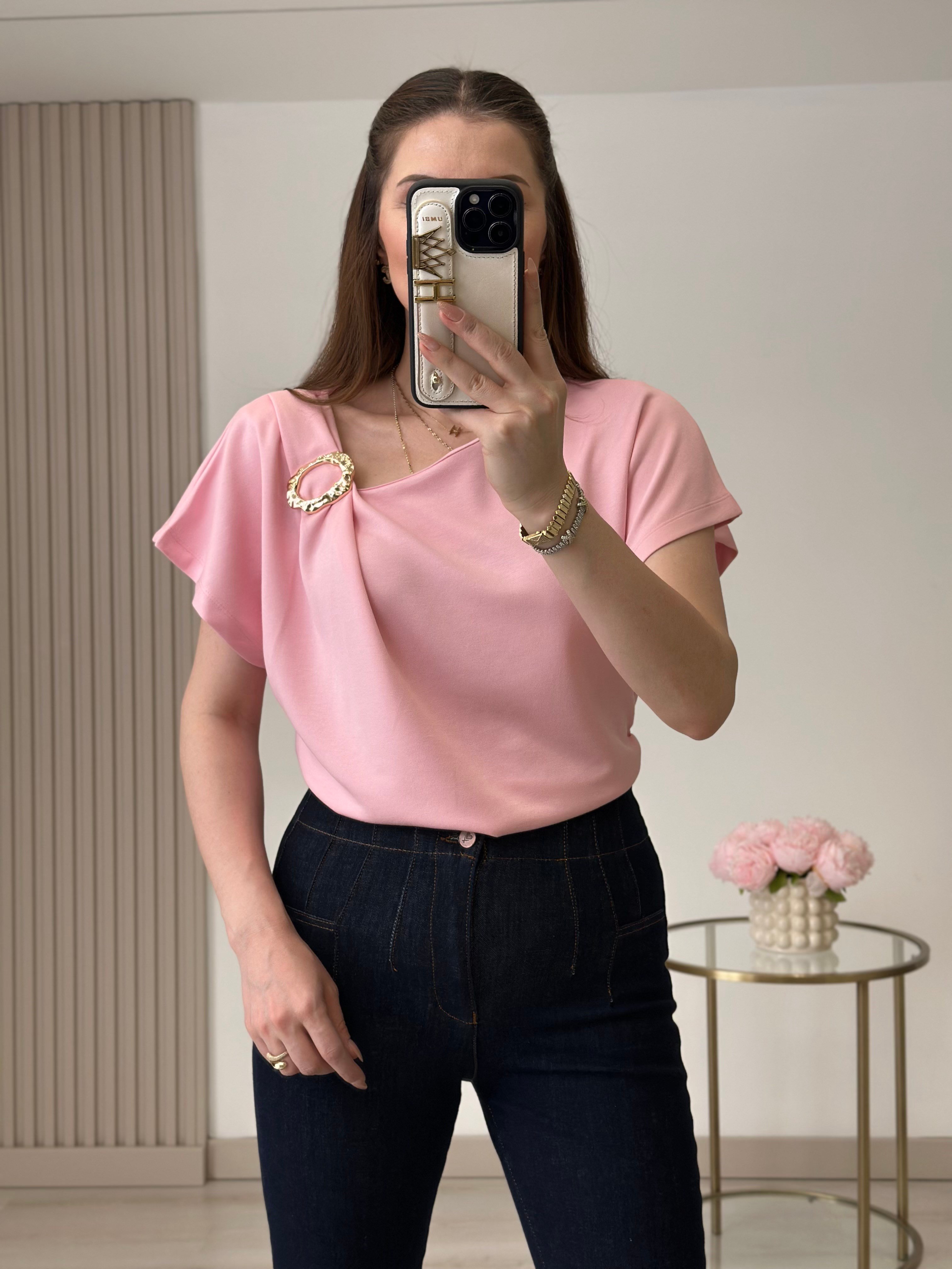 Gold Broşlu Drapeli Modal Kumaş Bluz Toz Pembe