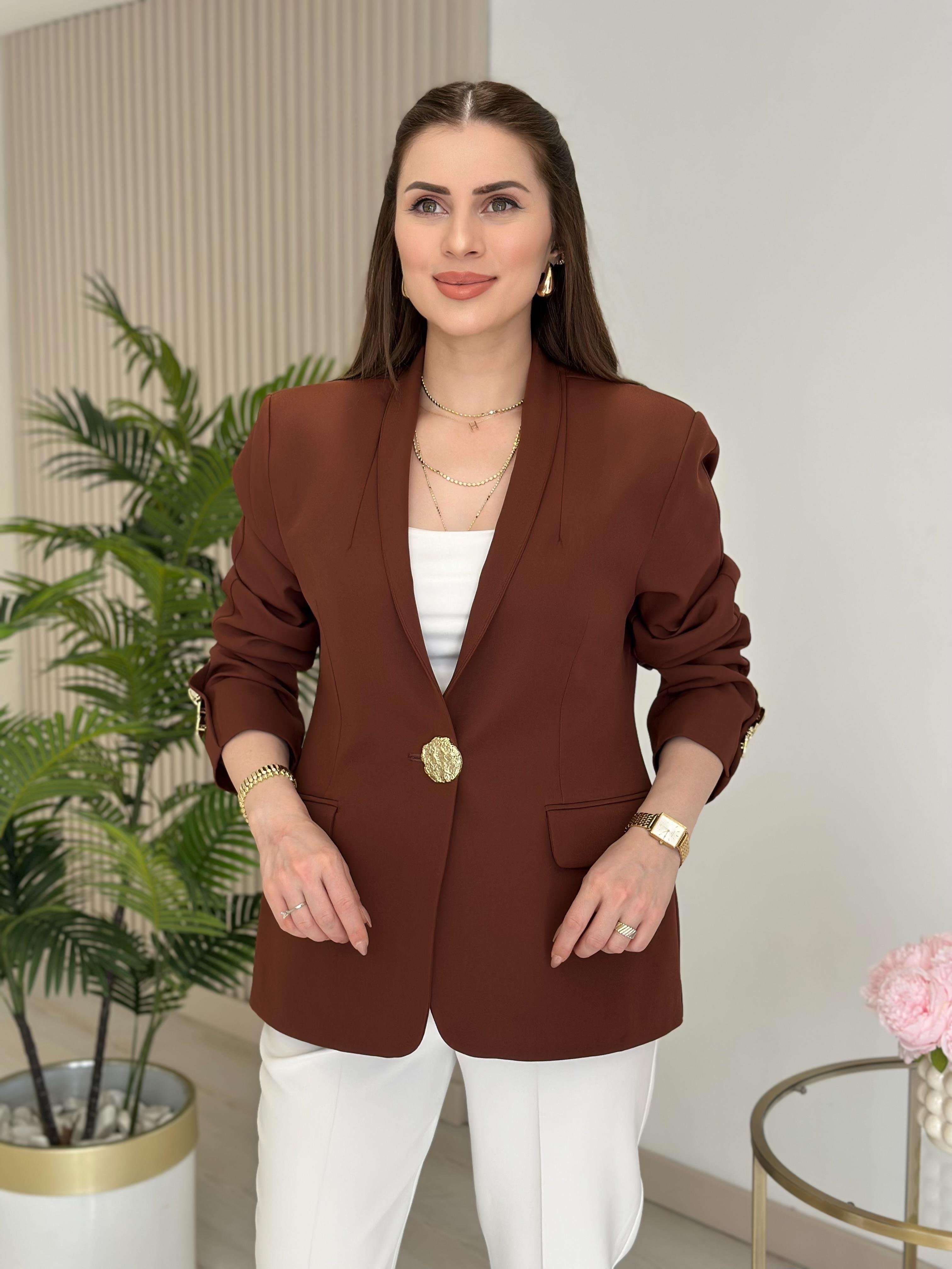 Gold Düğmeli Dik Yaka Blazer Ceket Kahve