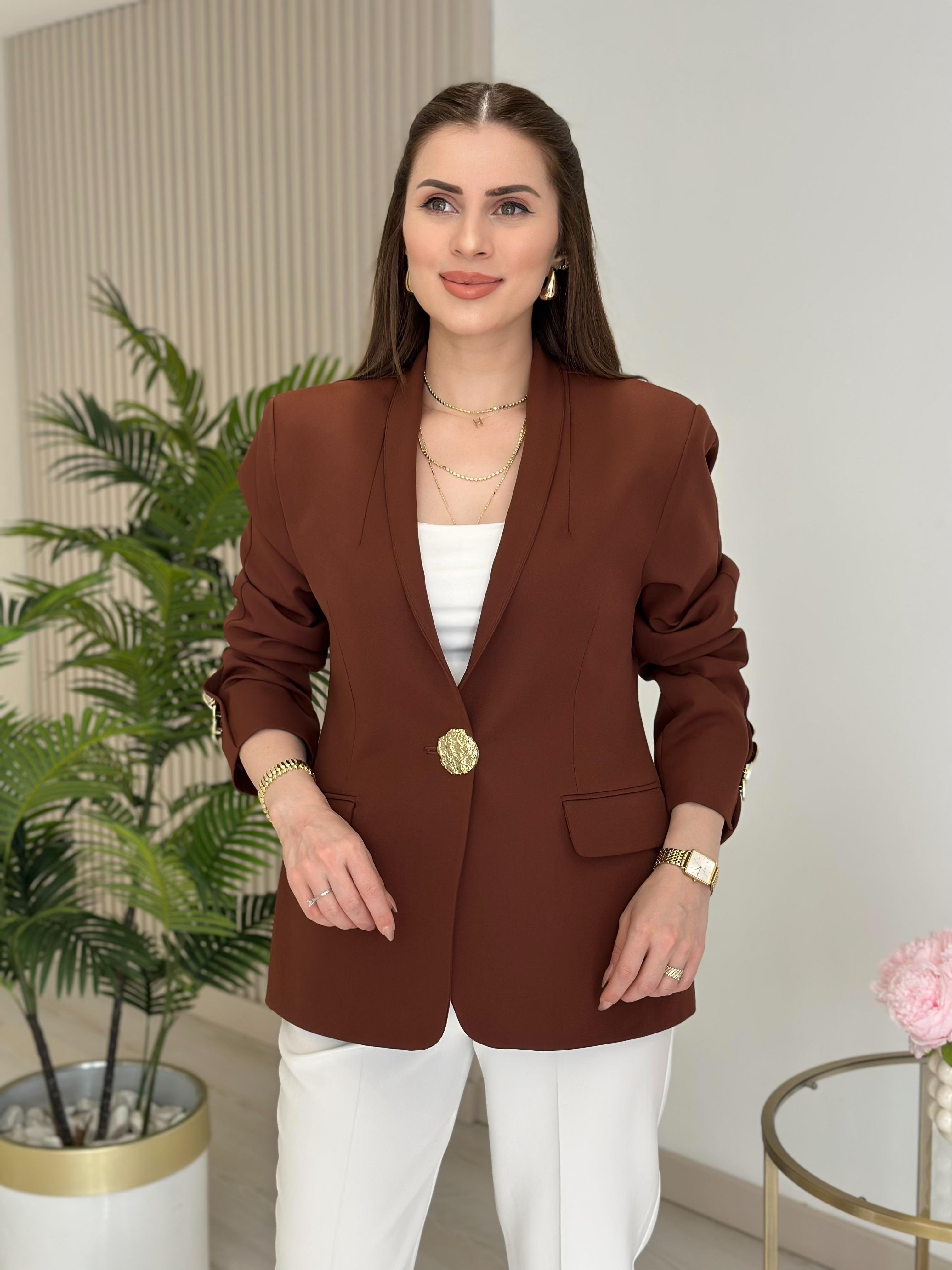 Gold Düğmeli Dik Yaka Blazer Ceket Kahve
