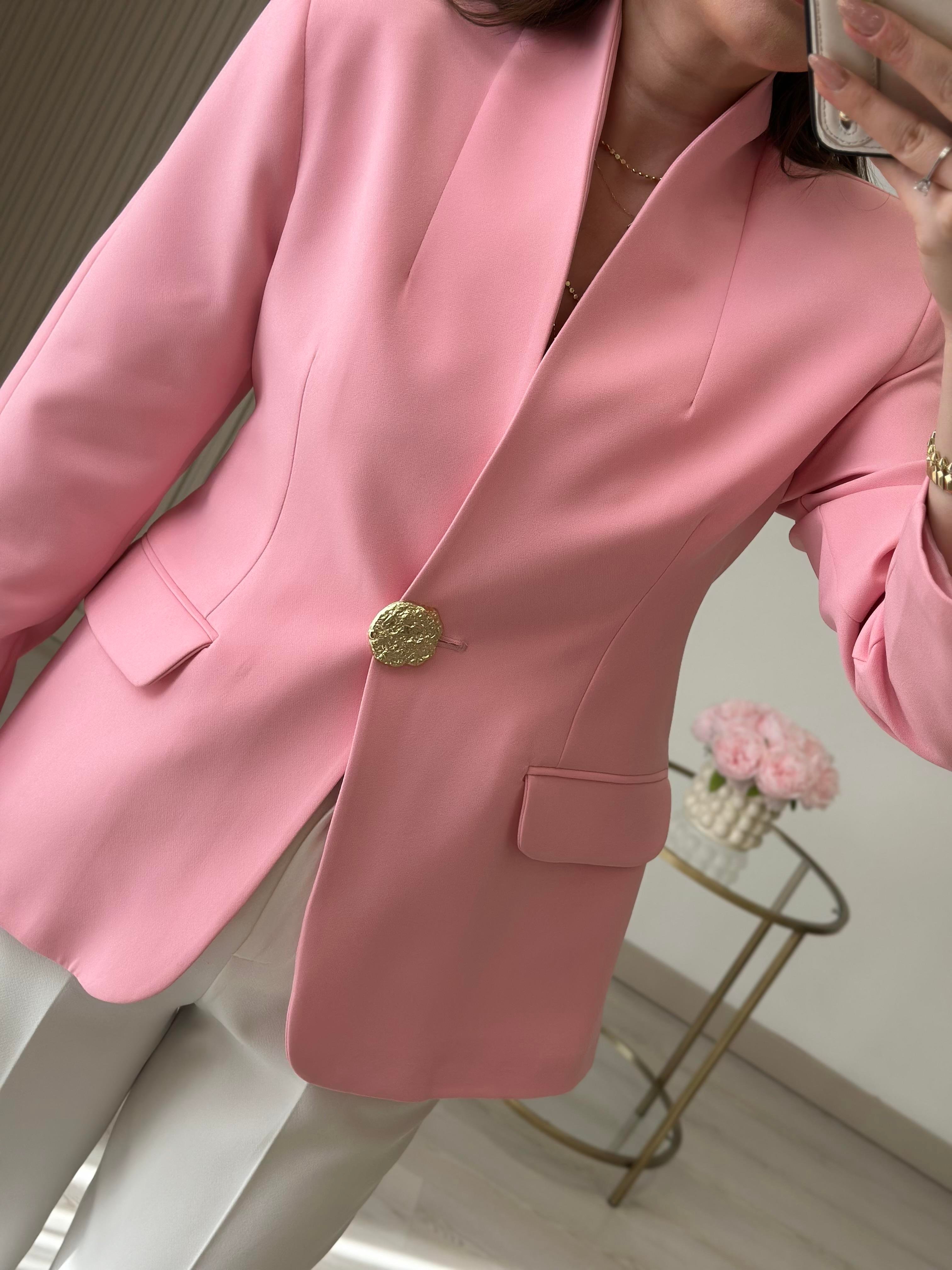 Gold Düğmeli Dik Yaka Blazer Ceket Pembe