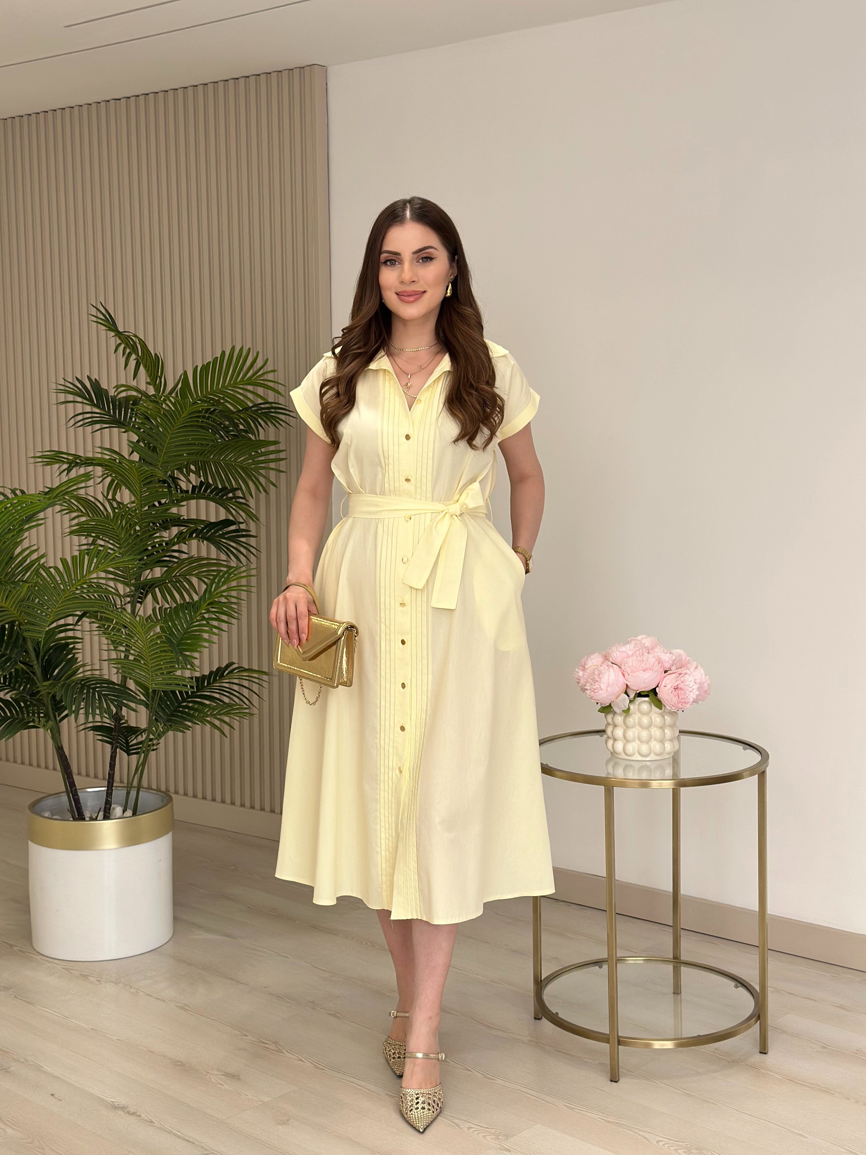 Gold Düğmeli Önü Drape Detaylı Gömlek Elbise Sarı