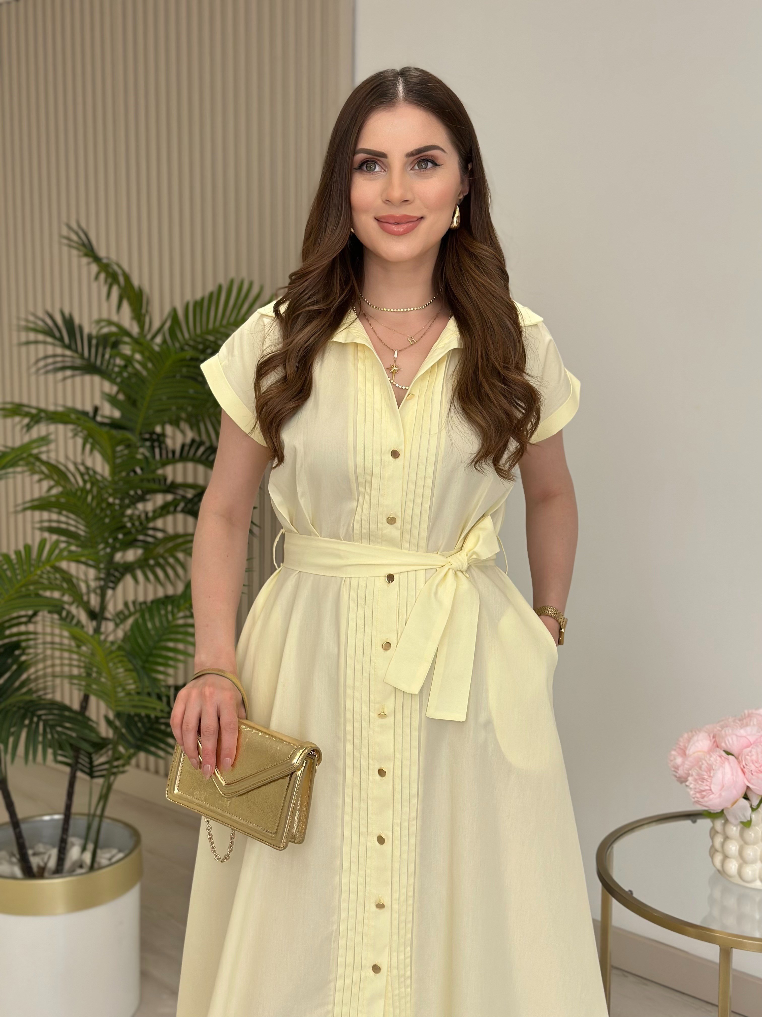 Gold Düğmeli Önü Drape Detaylı Gömlek Elbise Sarı
