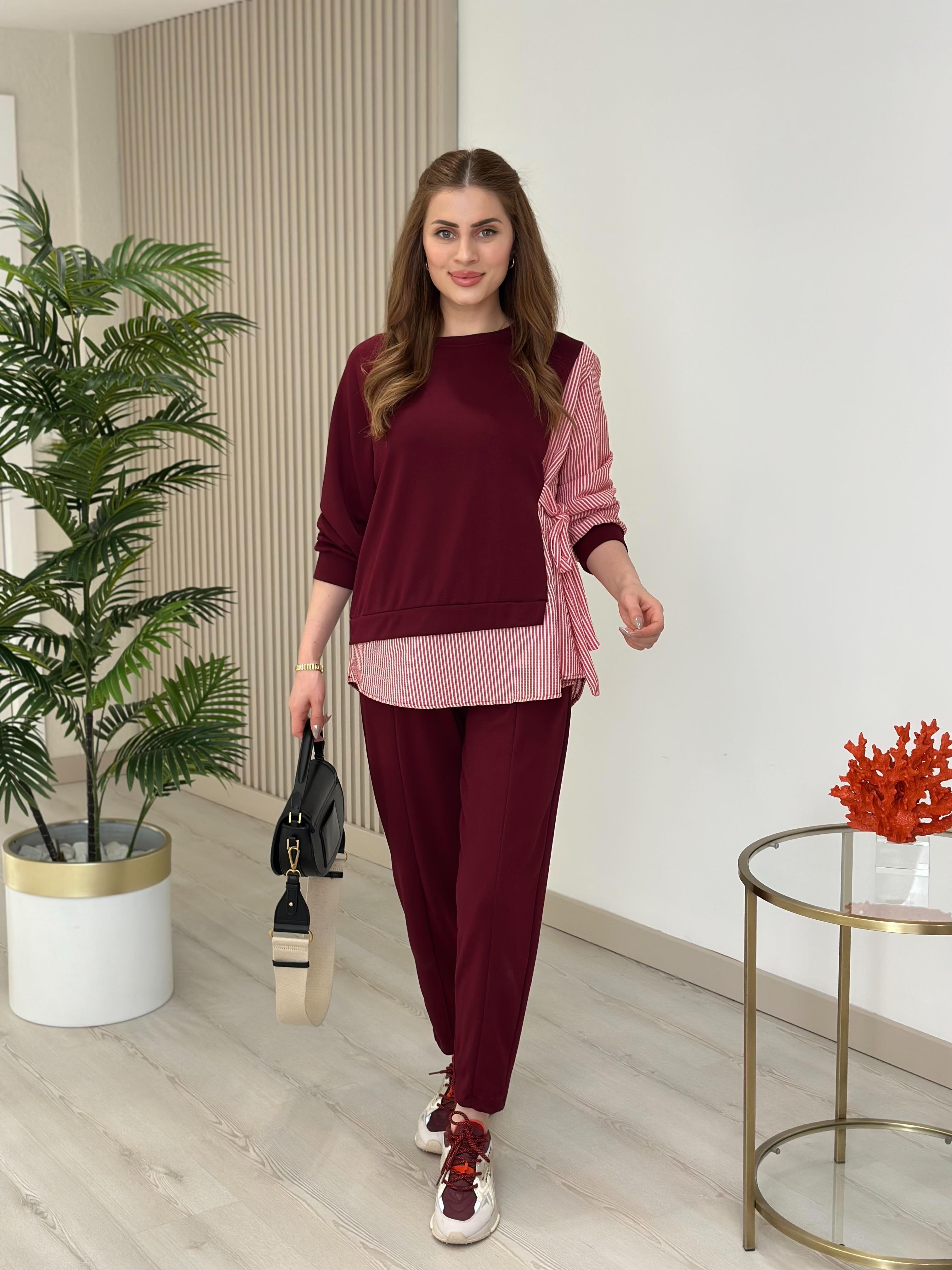 Gömlek Detaylı Modal Kumaş Takım Bordo