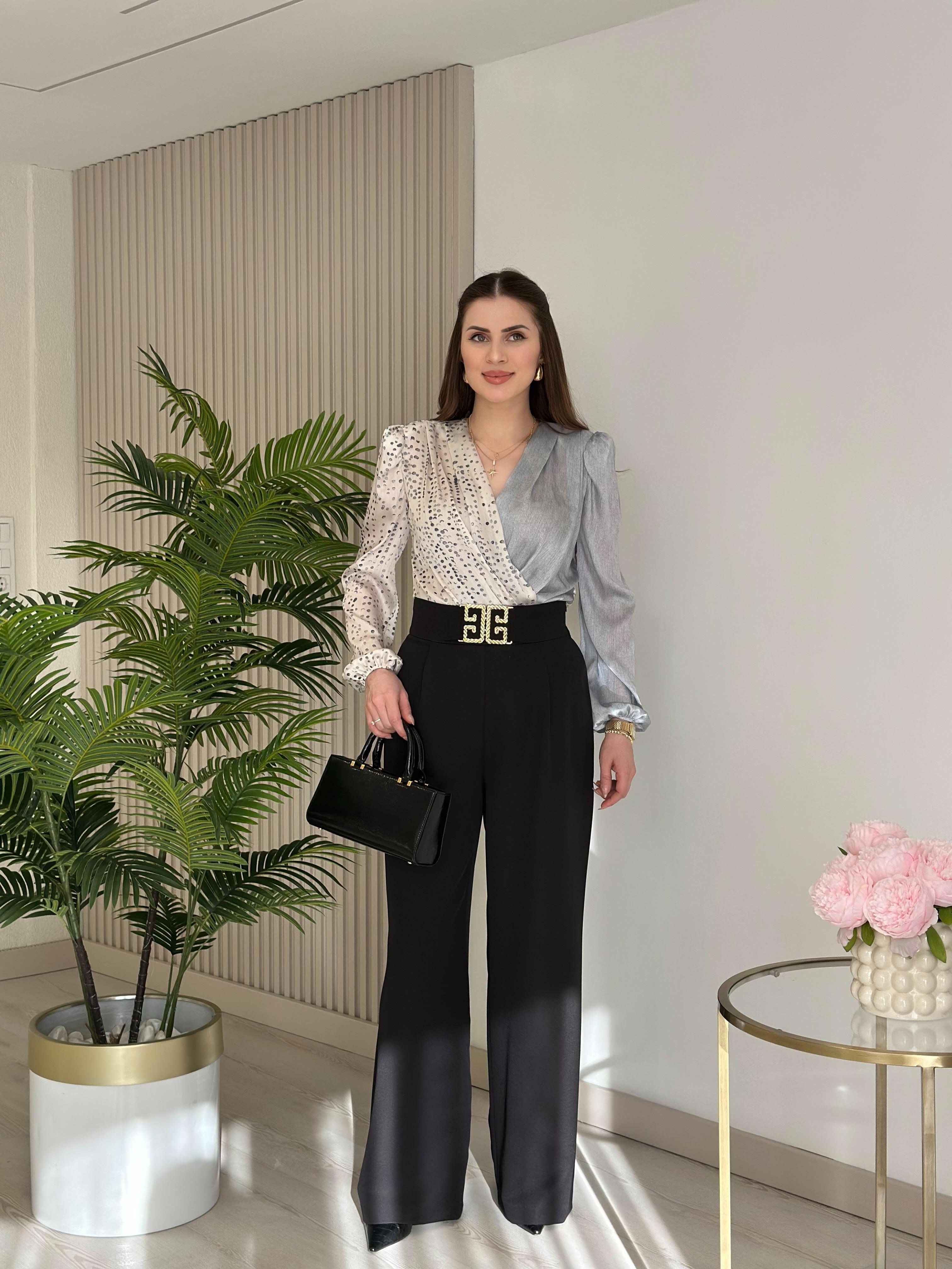 Gri Puantiye Desenli İpek Krep Bodysuit