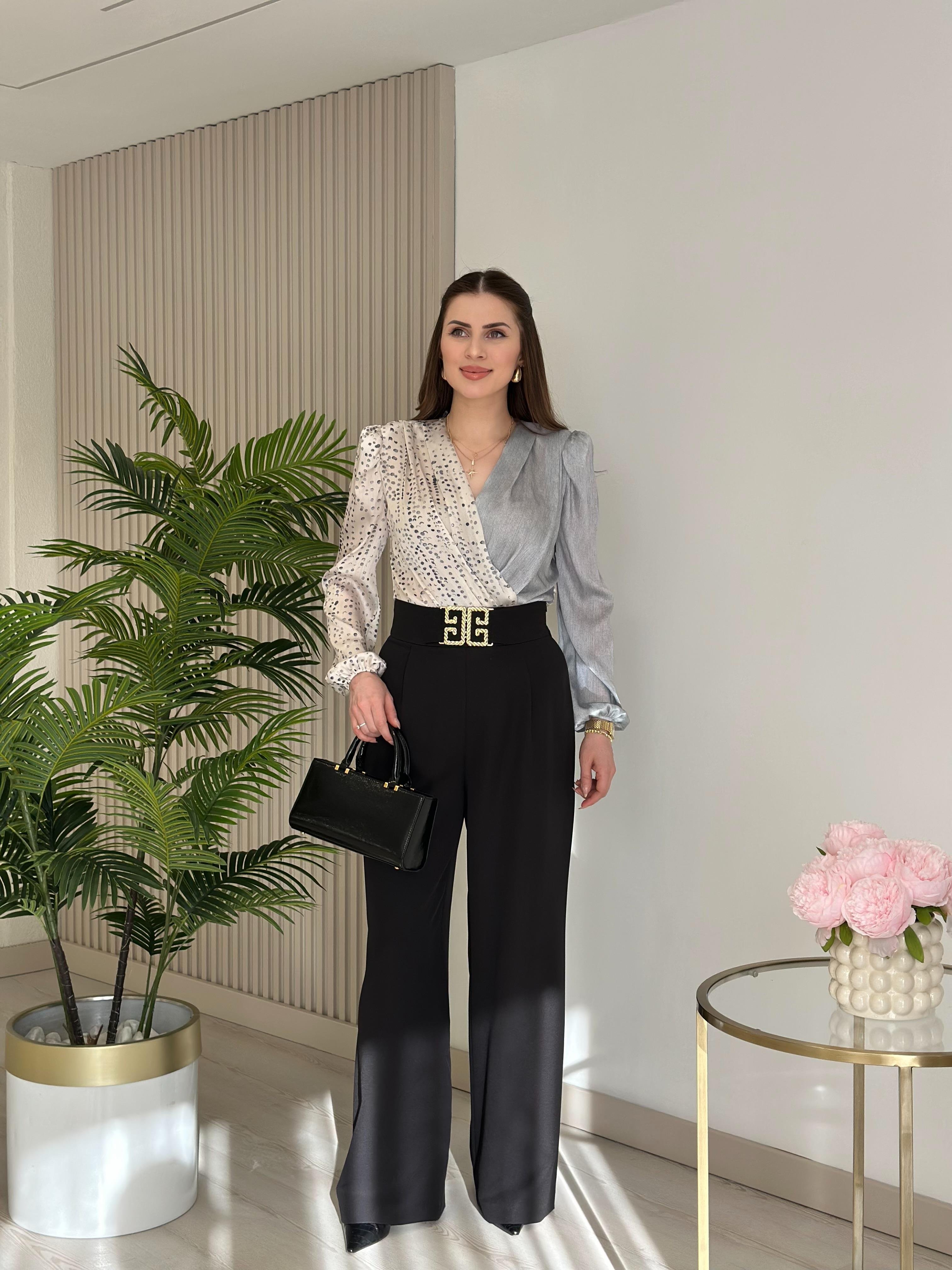 Gri Puantiye Desenli İpek Krep Bodysuit