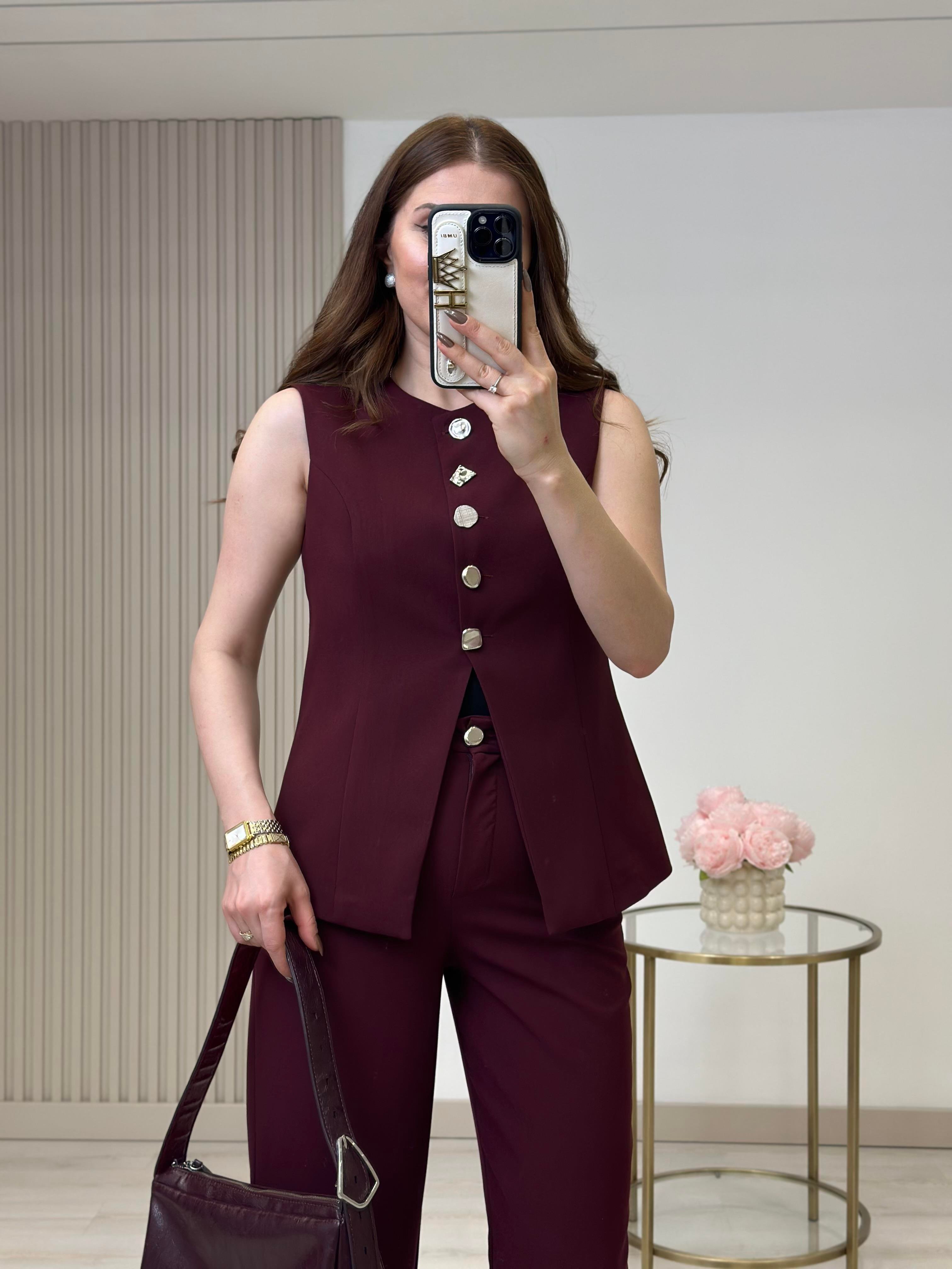 Gümüş Düğmeli Yelek Pantolon Takım Bordo