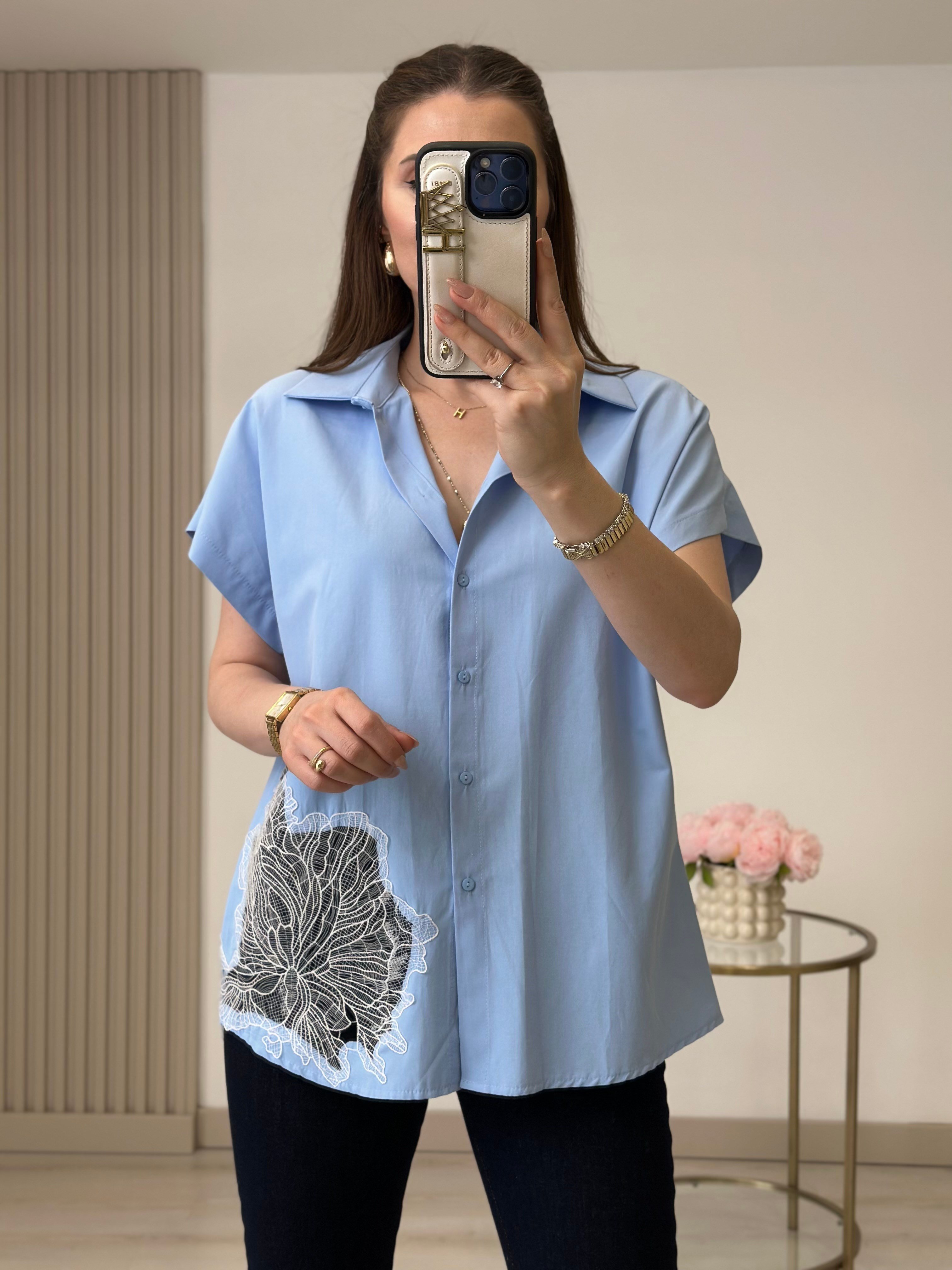 Güpür Detaylı Poplin Gömlek Bebe Mavi