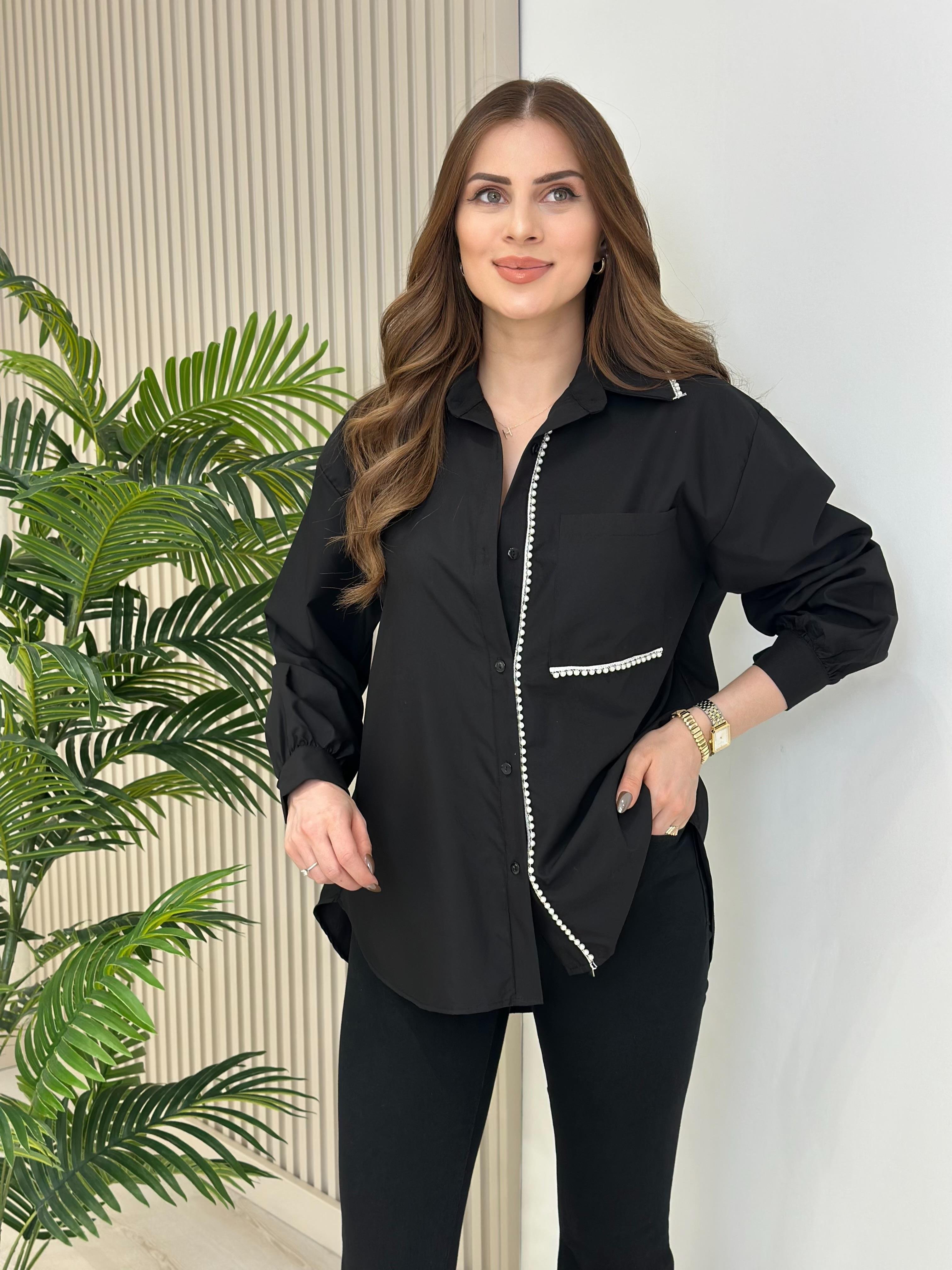İnci Detaylı Poplin Kumaş Gömlek Siyah