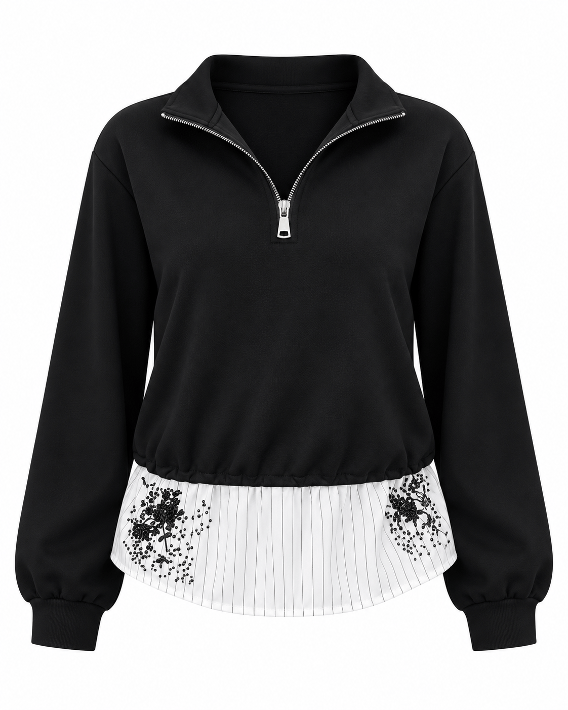 İşleme Detaylı Yakası Fermuarlı Sweatshirt Siyah