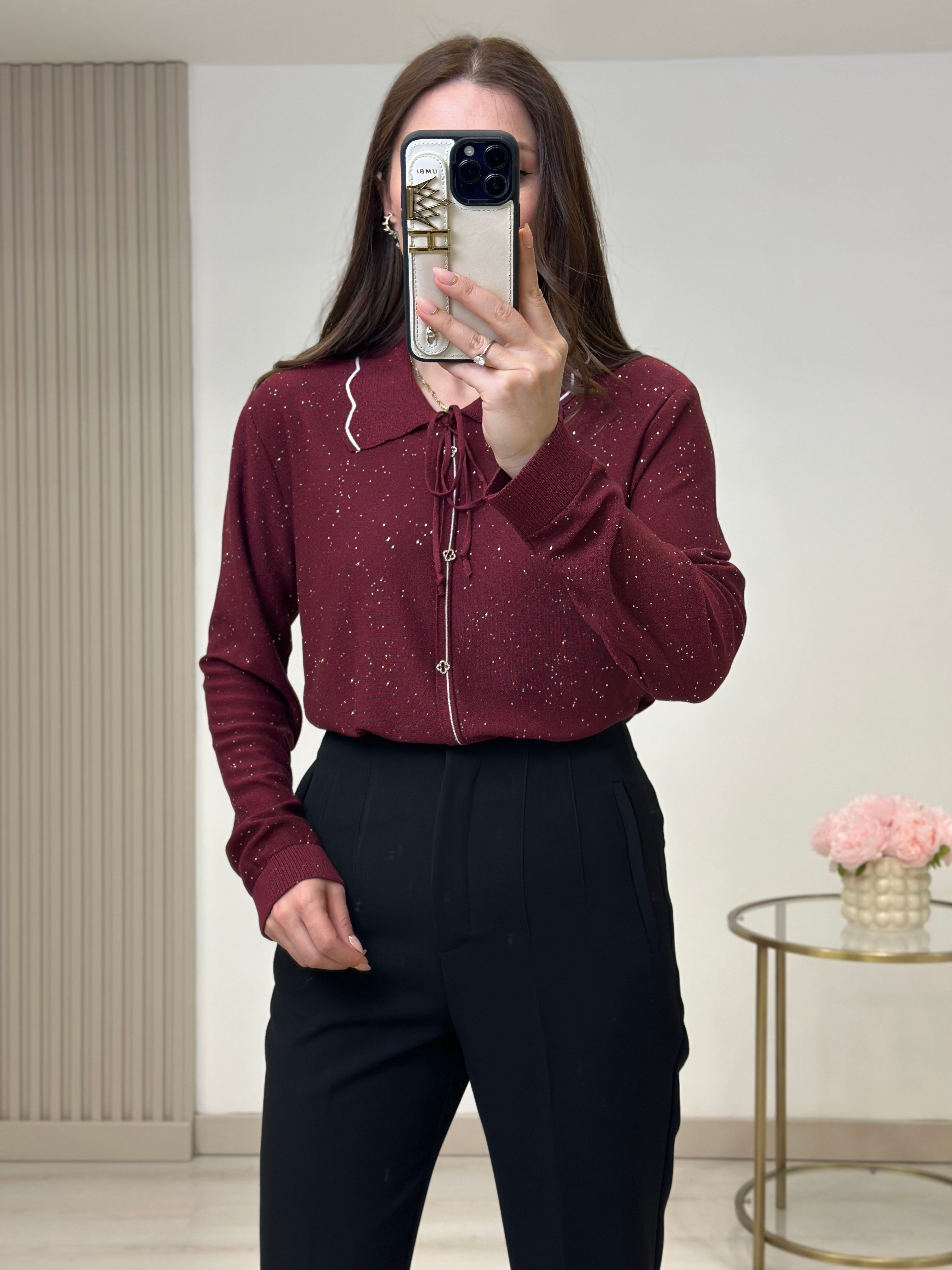 İtalyan İplik Premium Kalite Pul Detaylı Aksesuarlı Triko Bordo