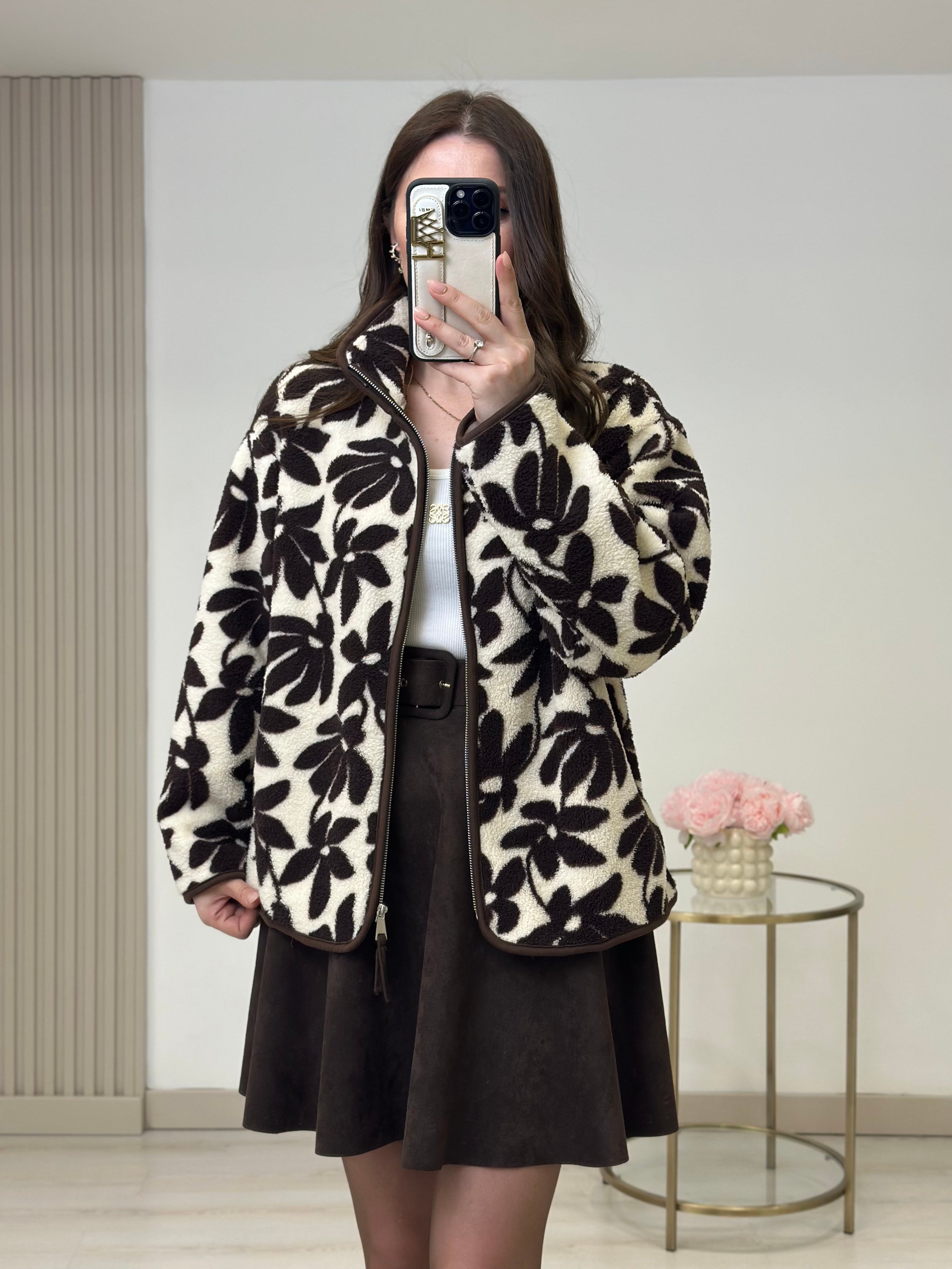 Kahve Çiçek Desenli Polar Sweatshirt