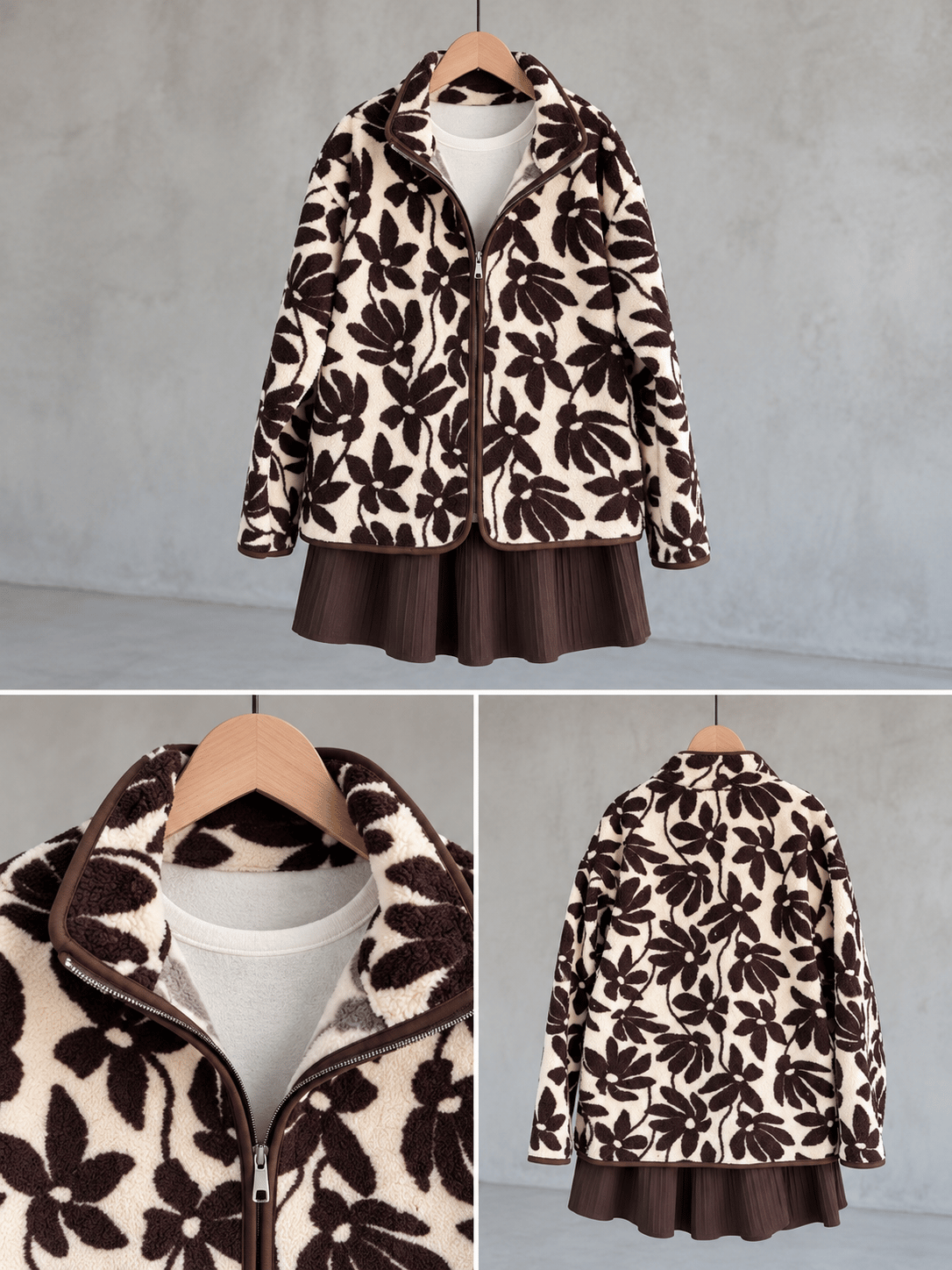 Kahve Çiçek Desenli Polar Sweatshirt