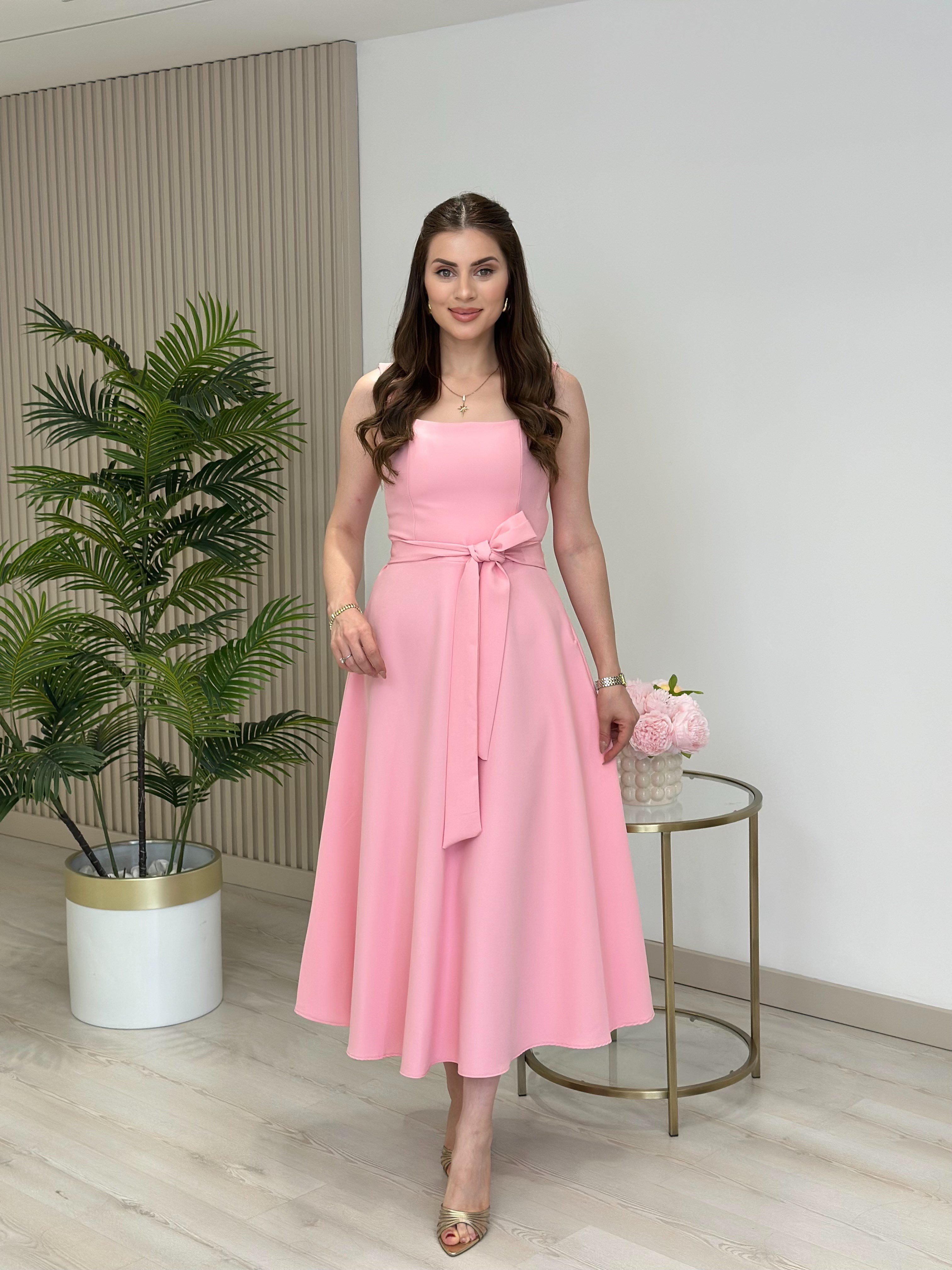 Kalın Askılı Kare Yaka Kuşaklı Elbise Pembe