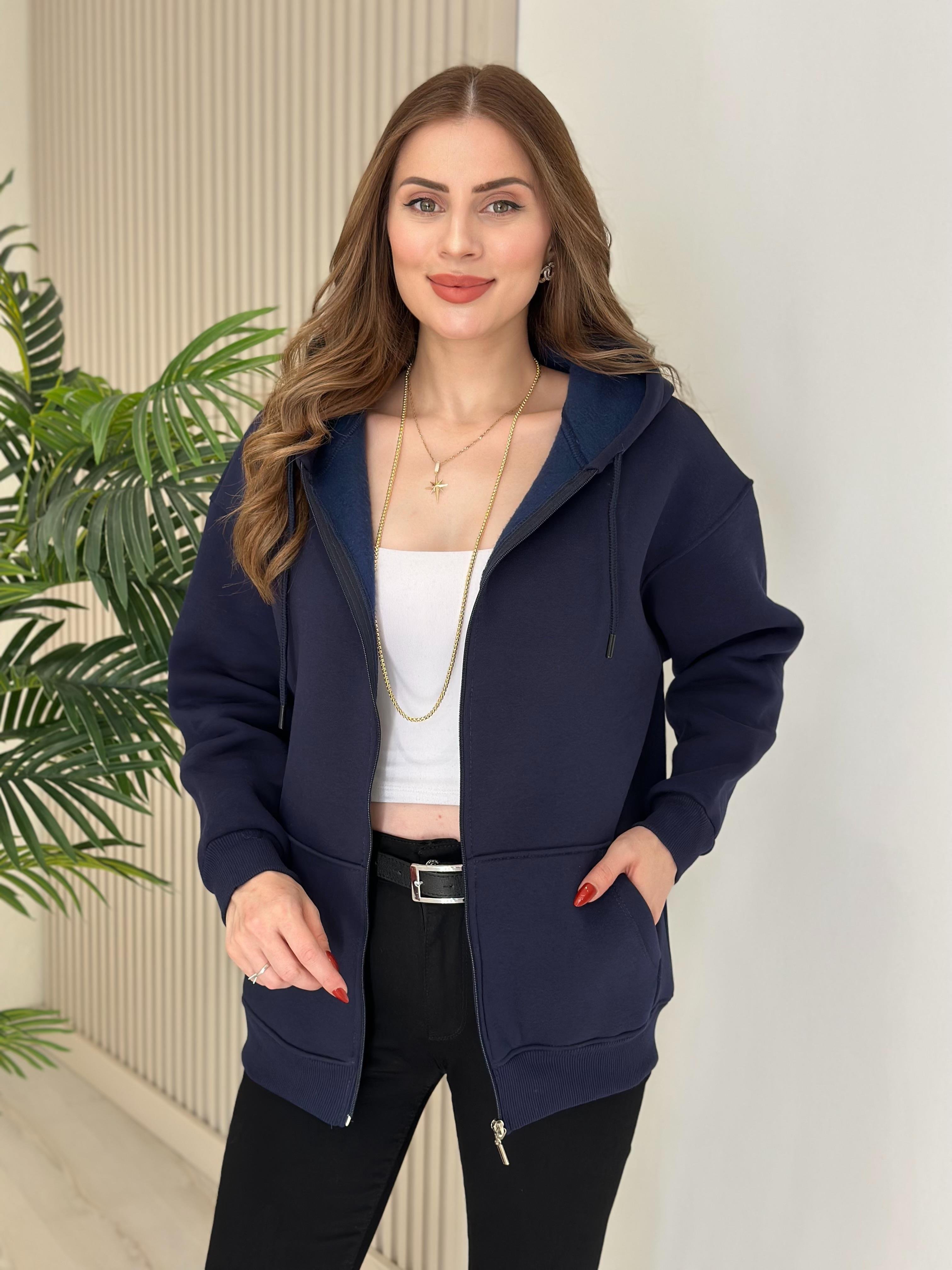 Kapşonlu İçi Şardonlu Basıc Sweat Lacivert 