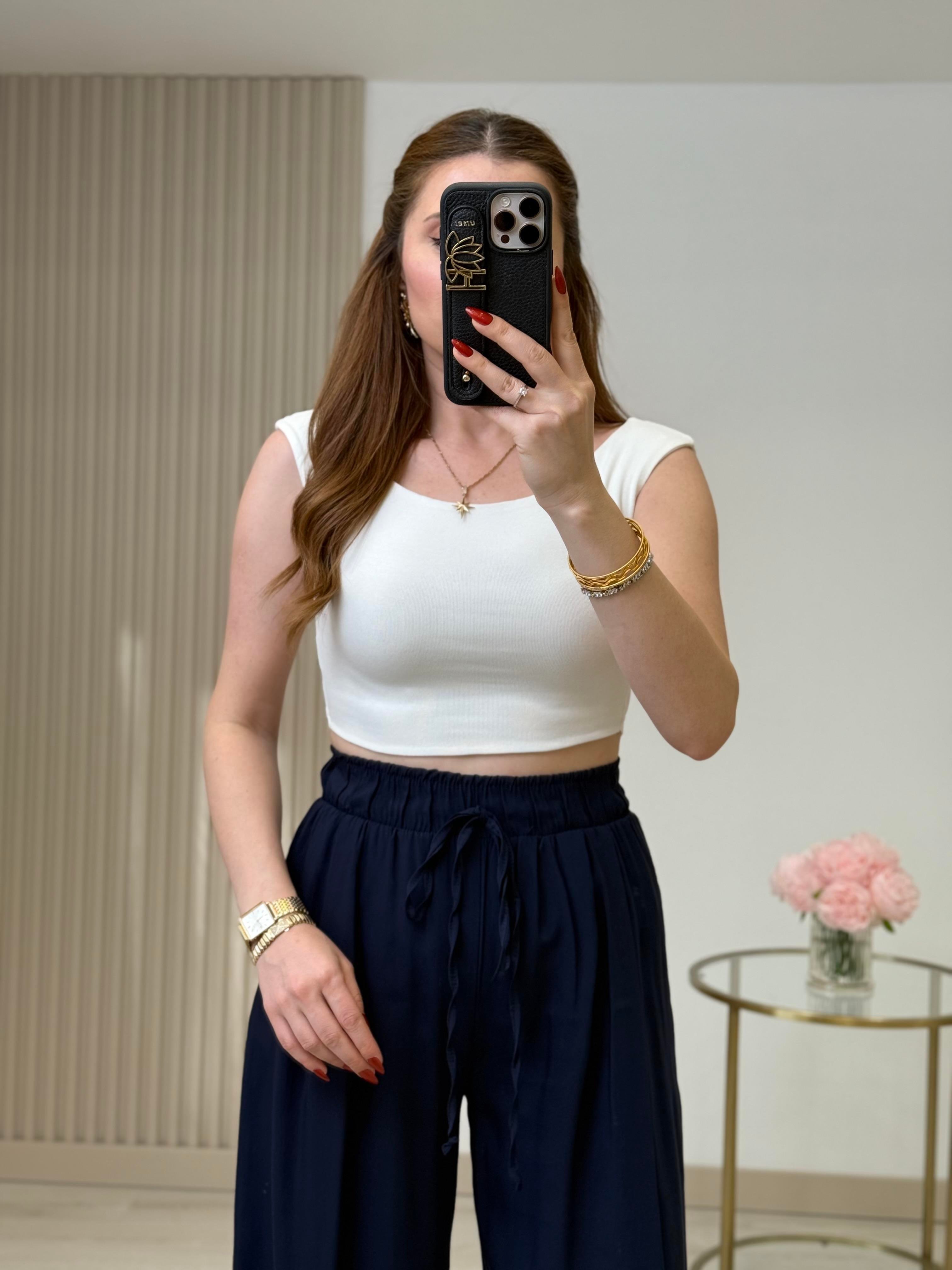 Kayık Yaka Crop Basıc Beyaz