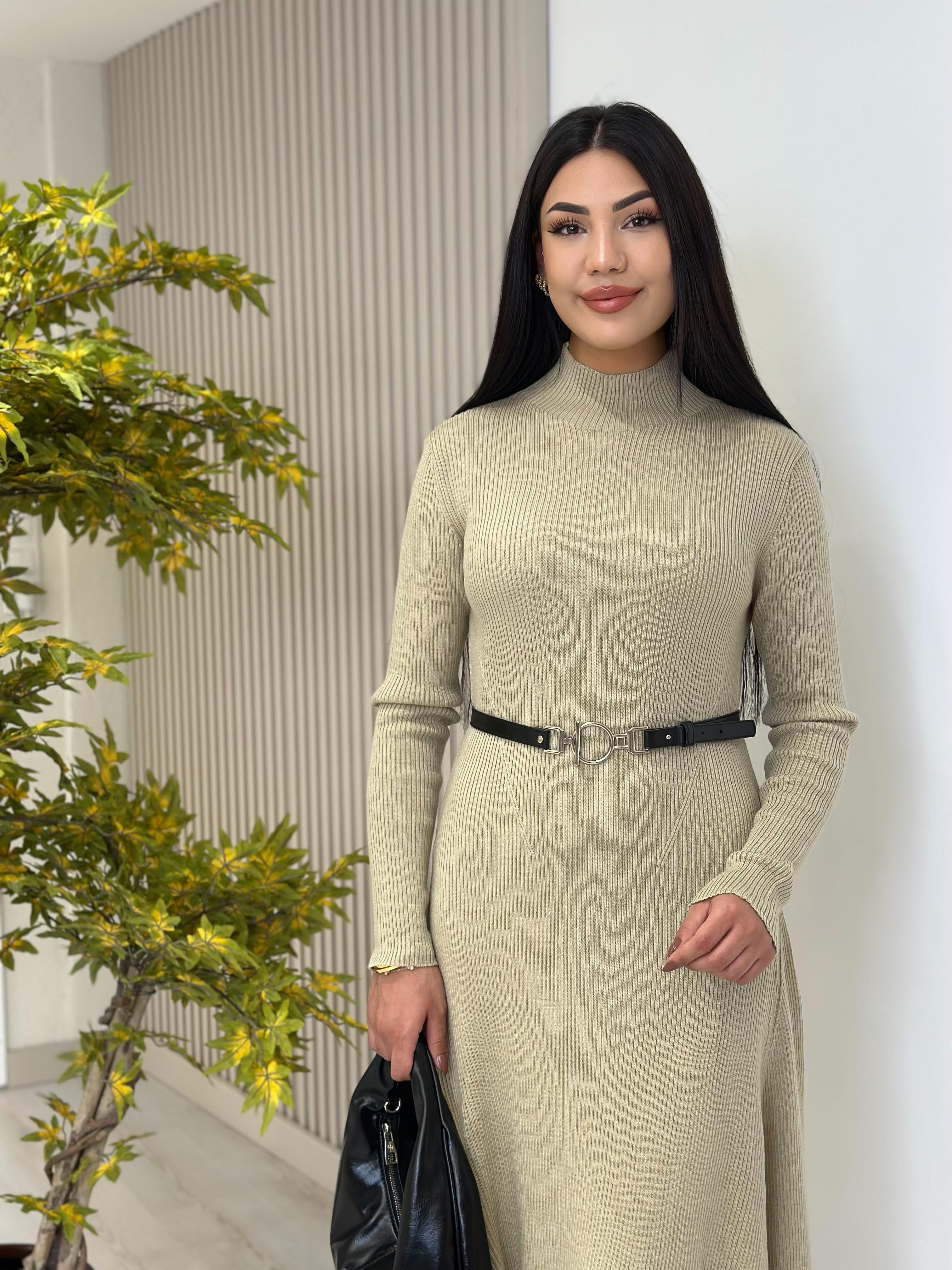 Kemerli Kloş Dik Yaka Triko Elbise Su Yeşili