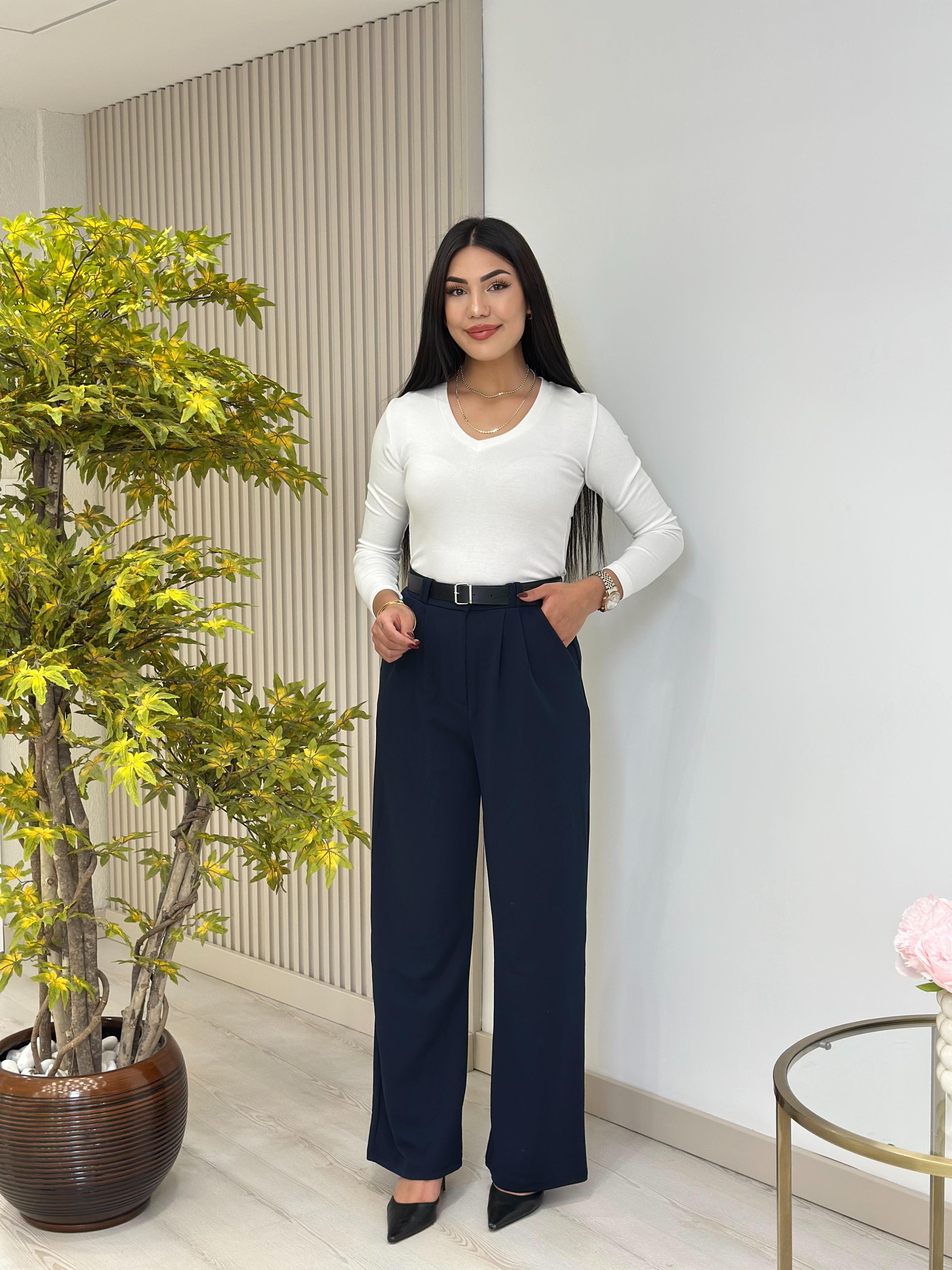 Kemerli Likralı Krep Kumaş Pantolon Lacivert