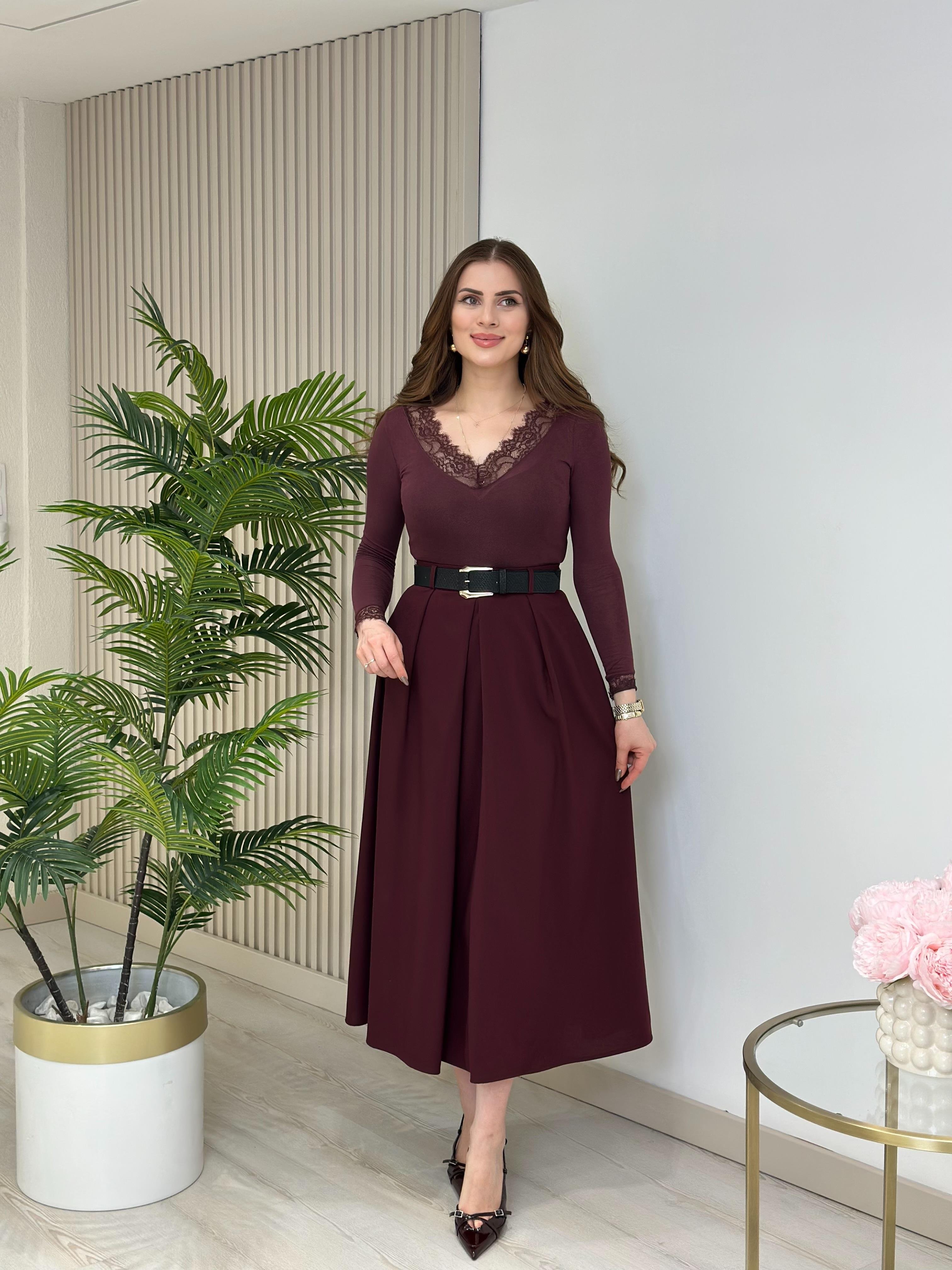 Kemerli Önden Pileli Midi Boy Etek Bordo