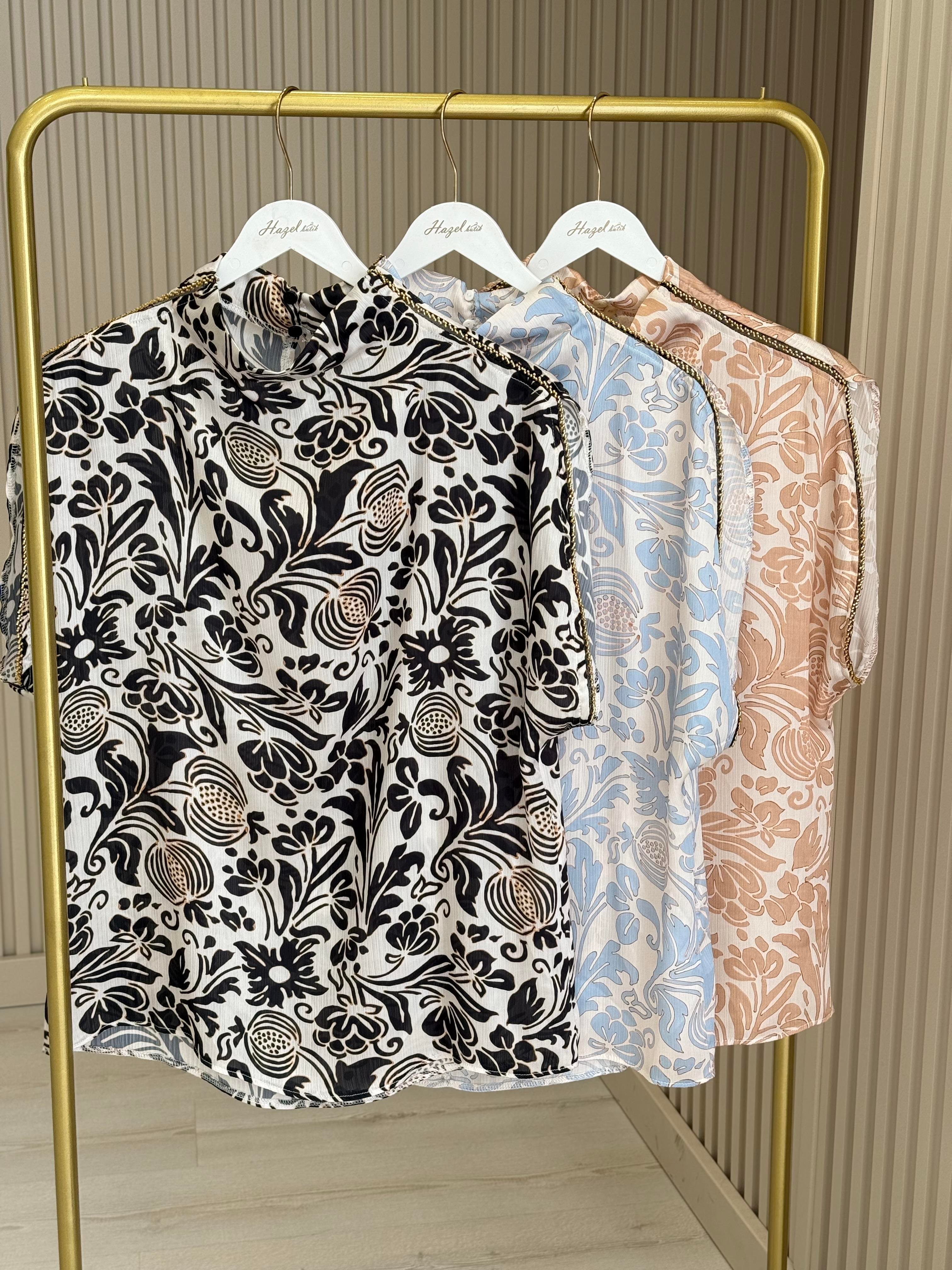 Kolları Boncuk İşlemeli İpek Krep Premium Bluz Bej