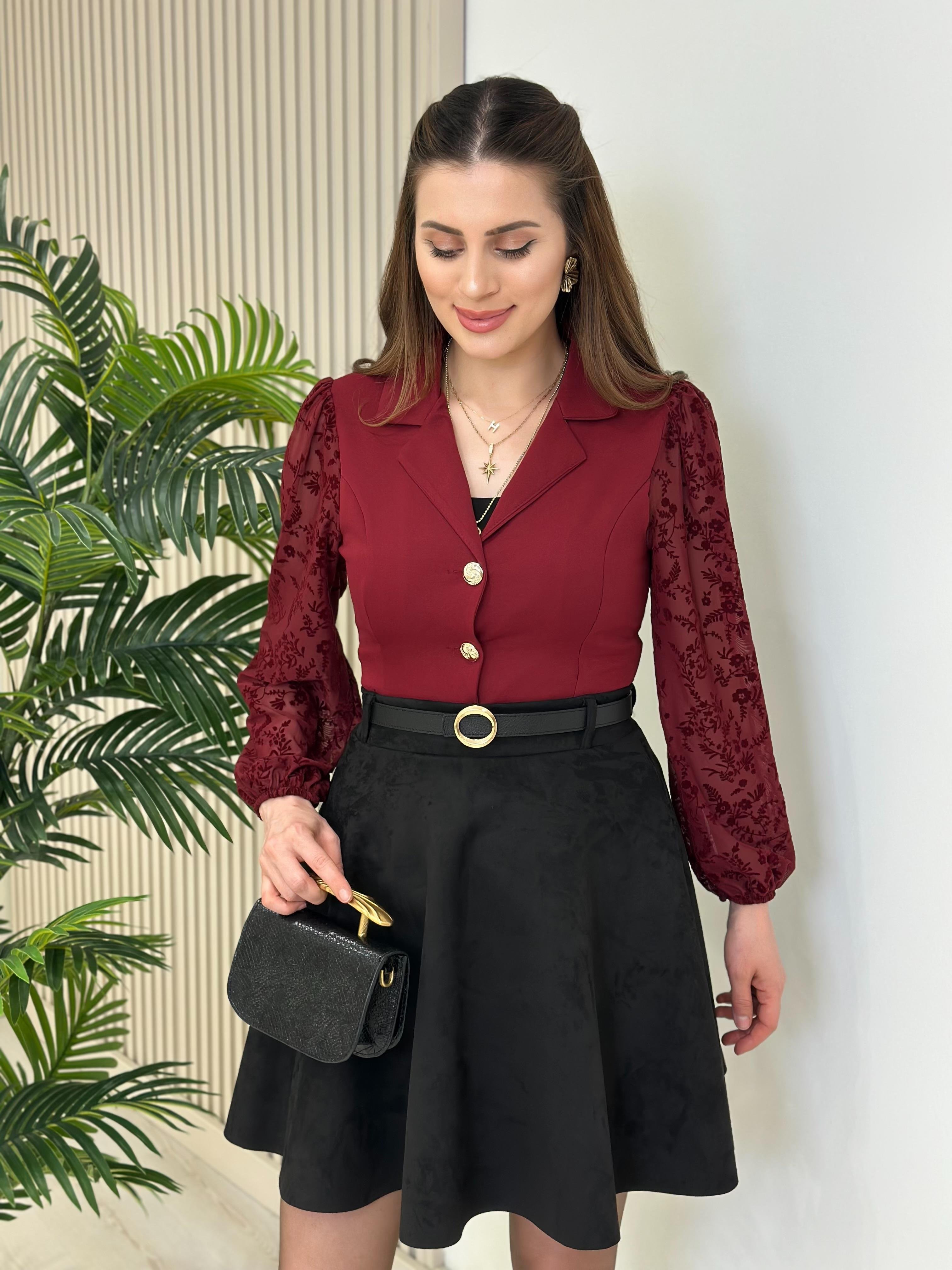 Kolları Flok Baskılı Gold Düğmeli Bluz Bordo