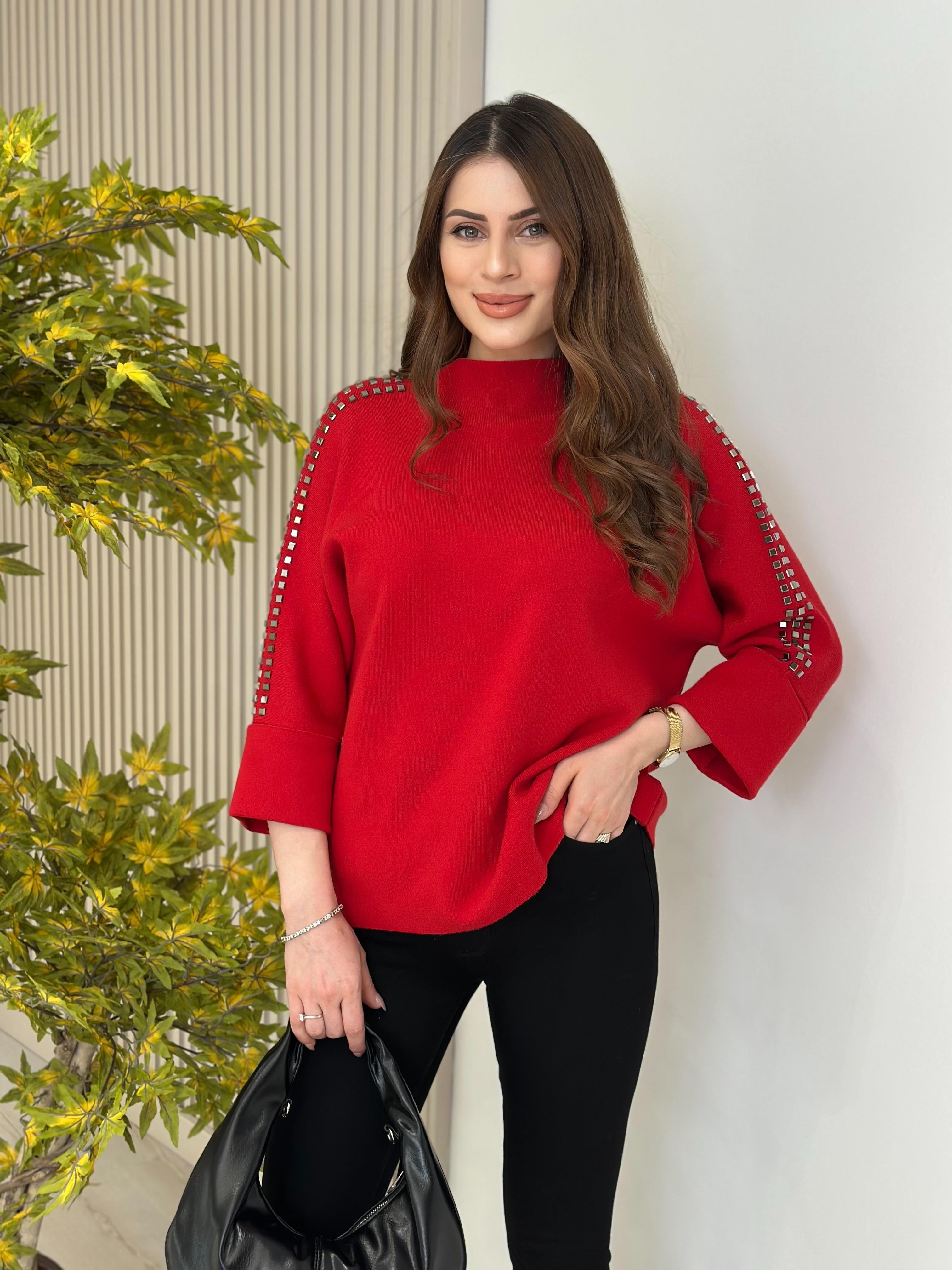 Kolları Taşlı Dik Yaka Çelik Örme Kazak Kırmızı