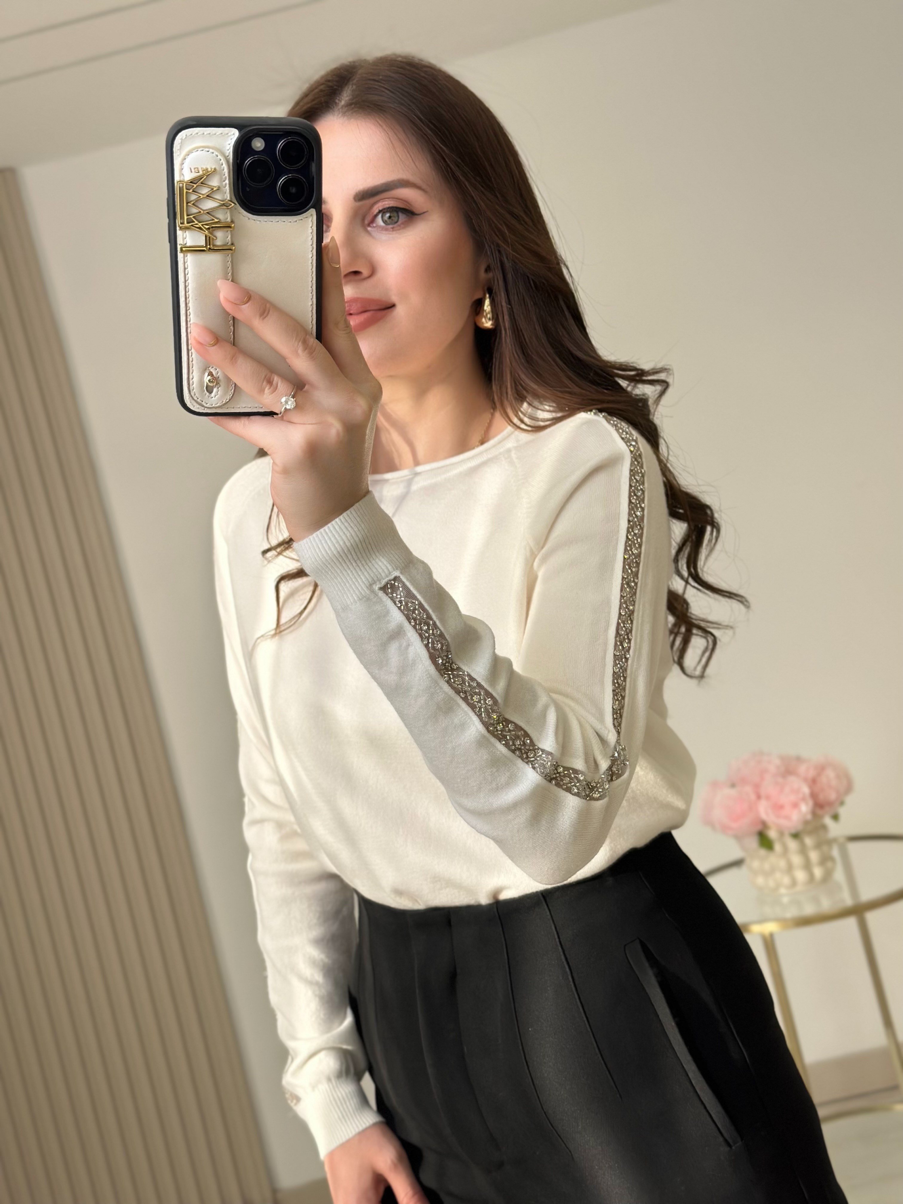 Kolları Taşlı Premium Kalite Kaşmir Dokulu Triko Beyaz