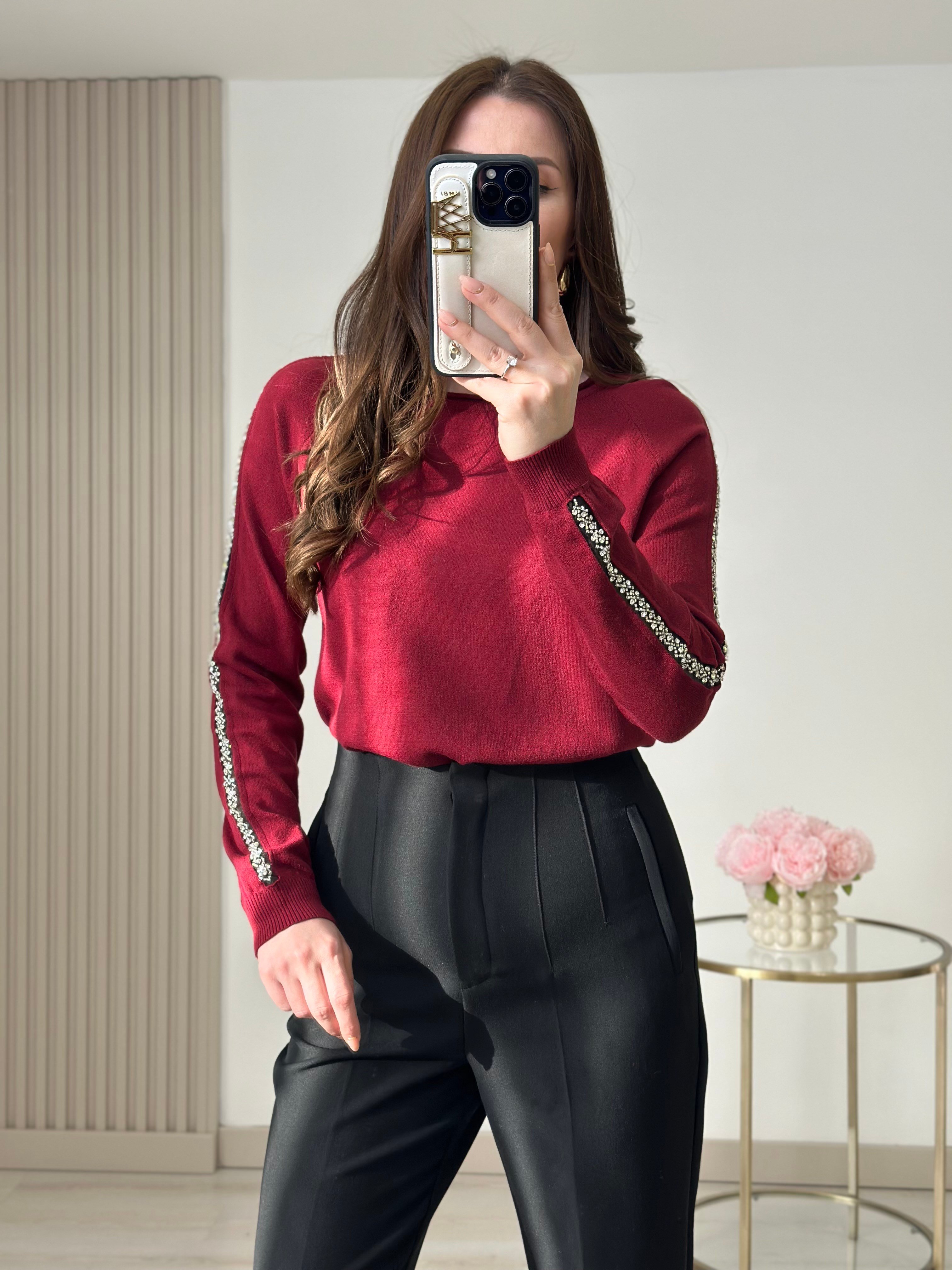 Kolları Taşlı Premium Kalite Kaşmir Dokulu Triko Bordo