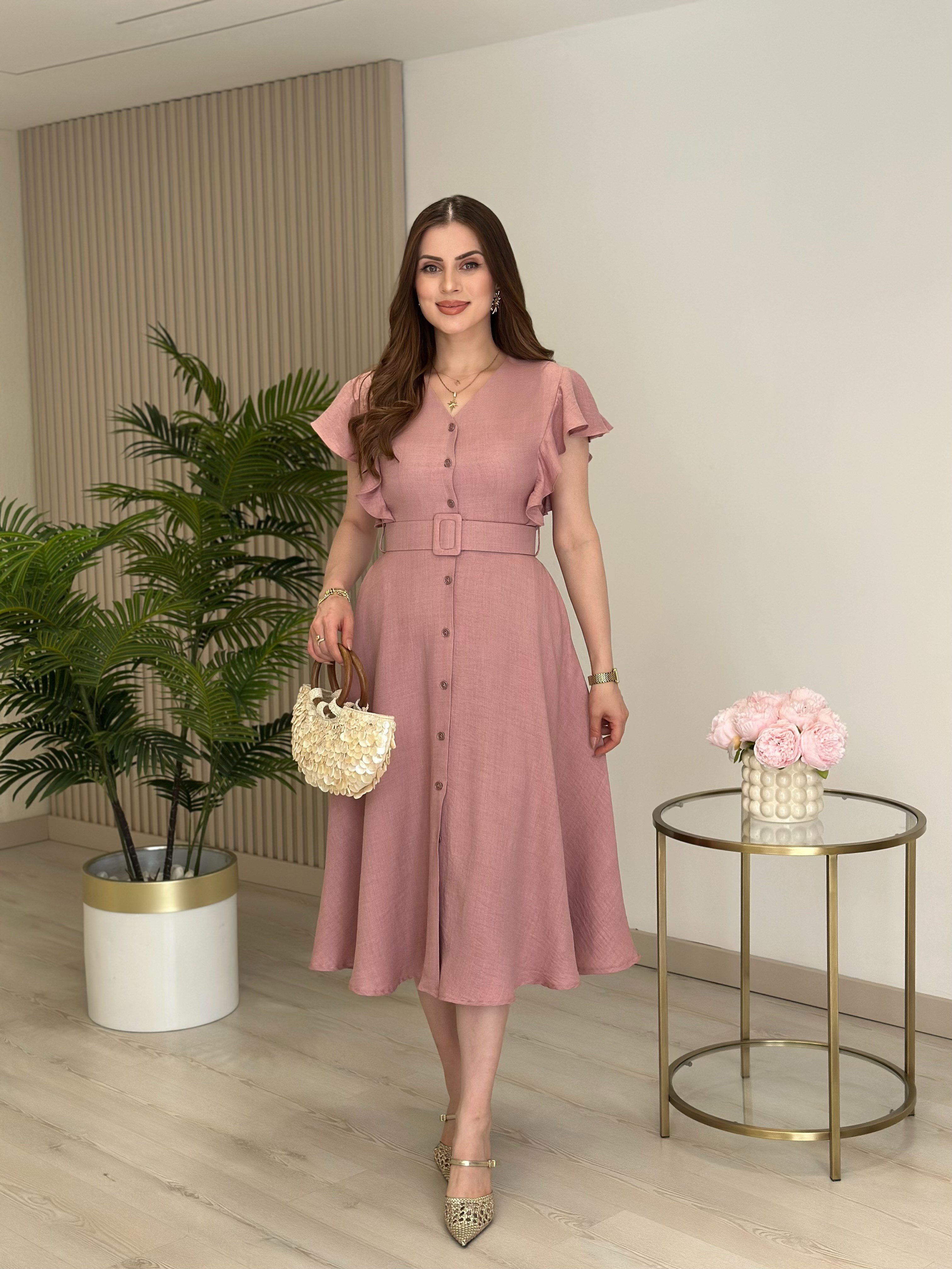 Kolları Volanlı Kemerli Elbise Gül Kurusu