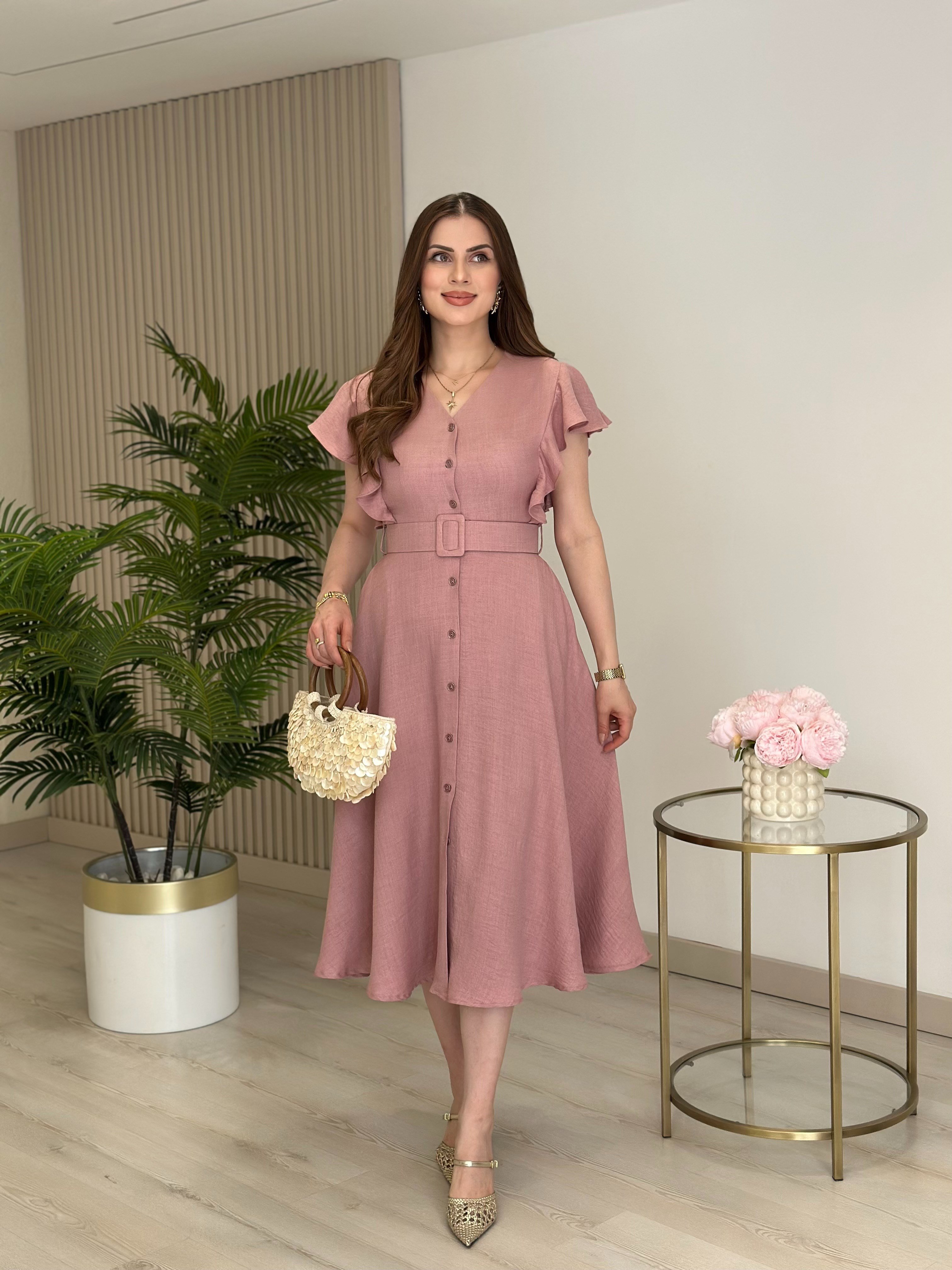 Kolları Volanlı Kemerli Elbise Gül Kurusu