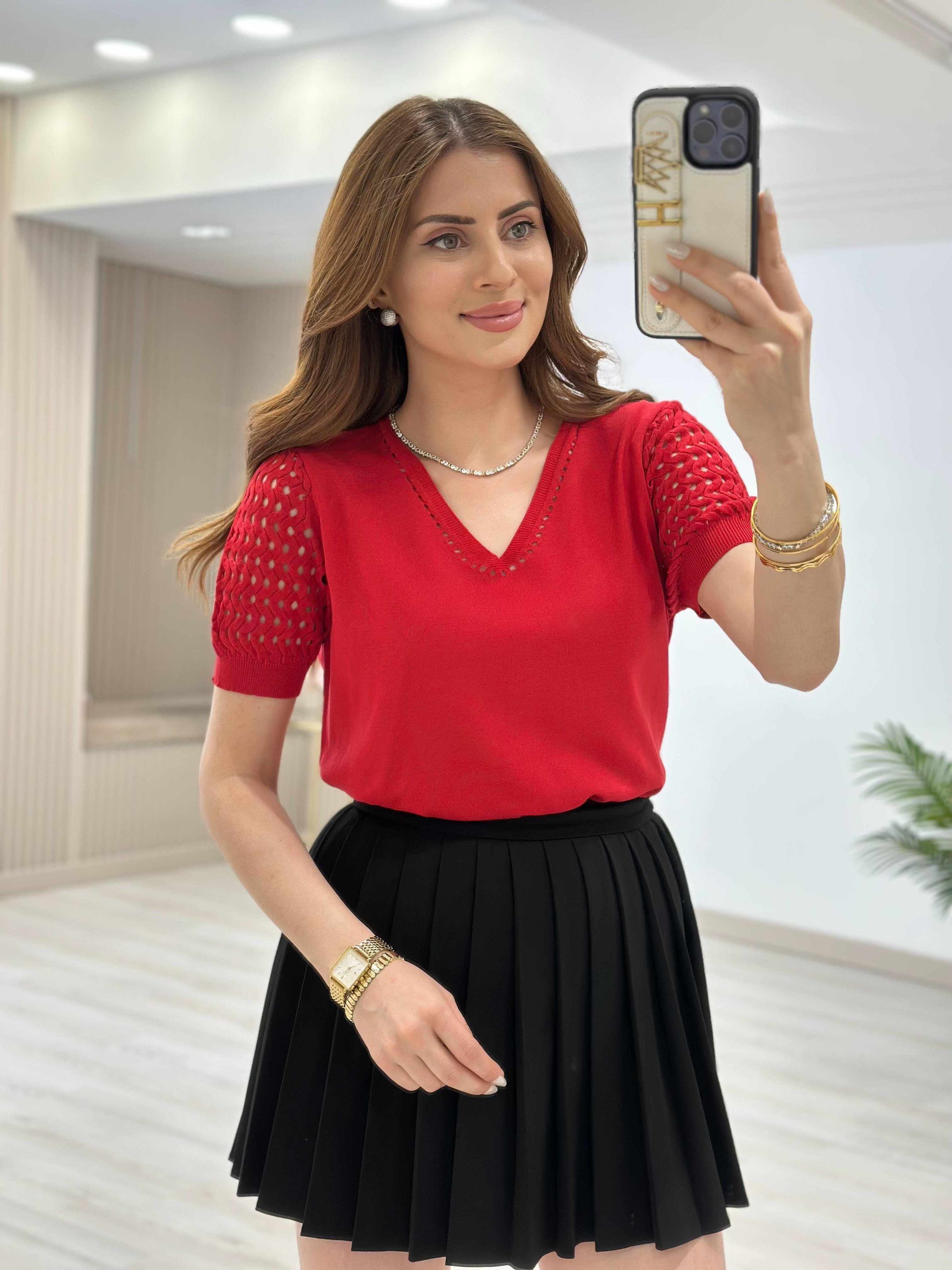 Kolları Yakası Ajurlu Rahat Kalıp Triko Bluz Kırmızı 
