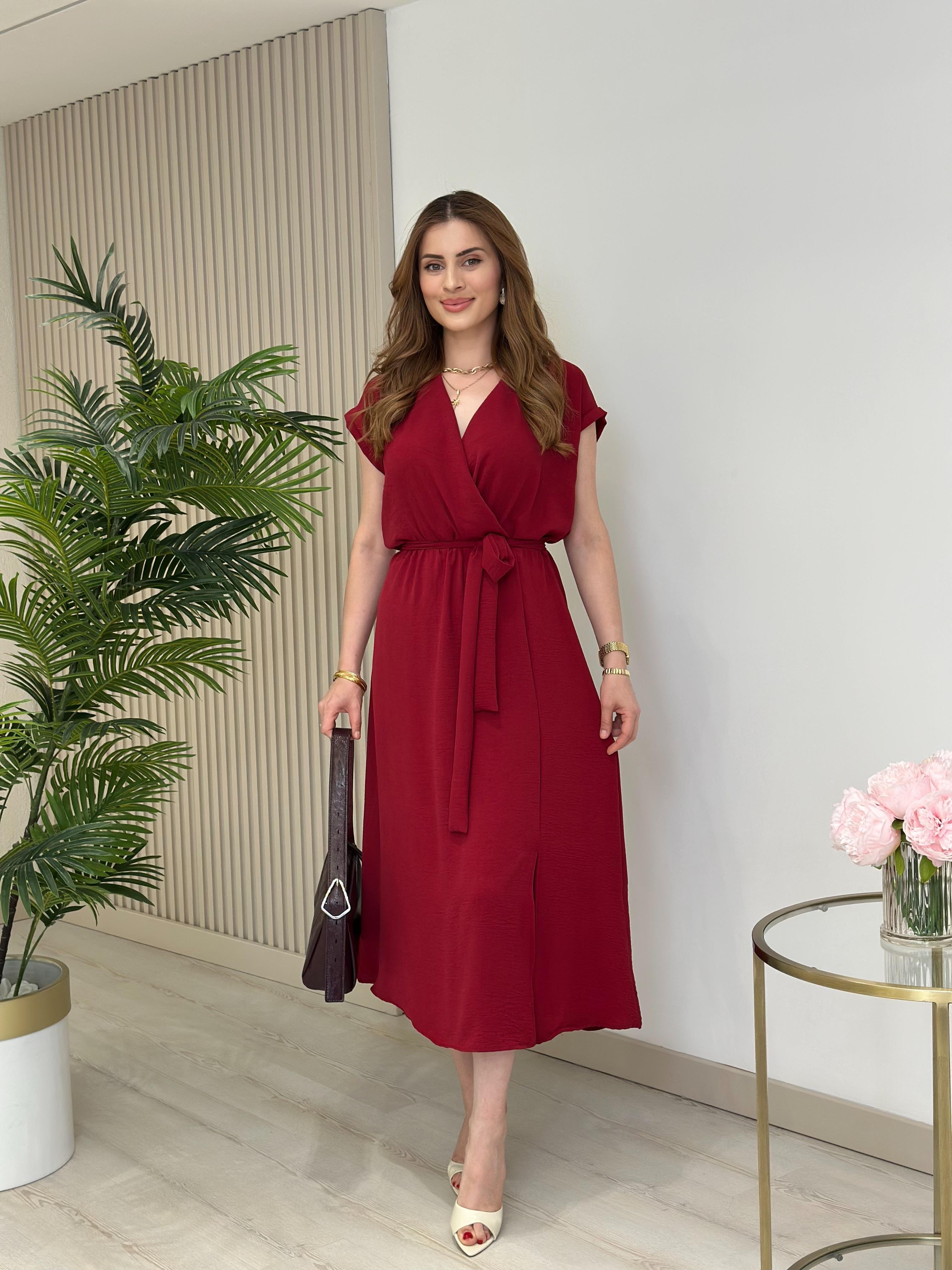 Kruvaze Yaka Yırtmaçlı Basıc Elbise Bordo