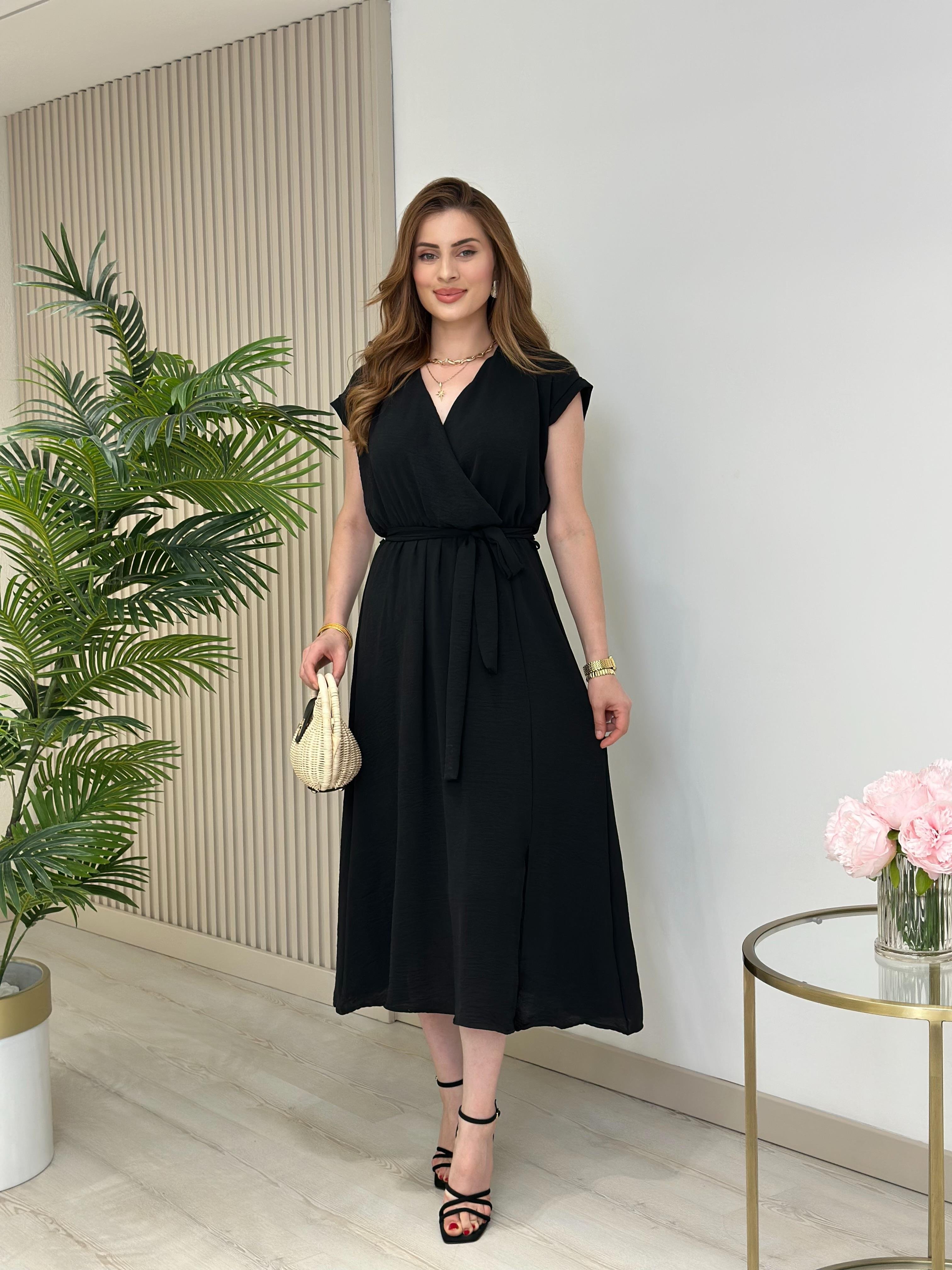 Kruvaze Yaka Yırtmaçlı Basıc Elbise Siyah