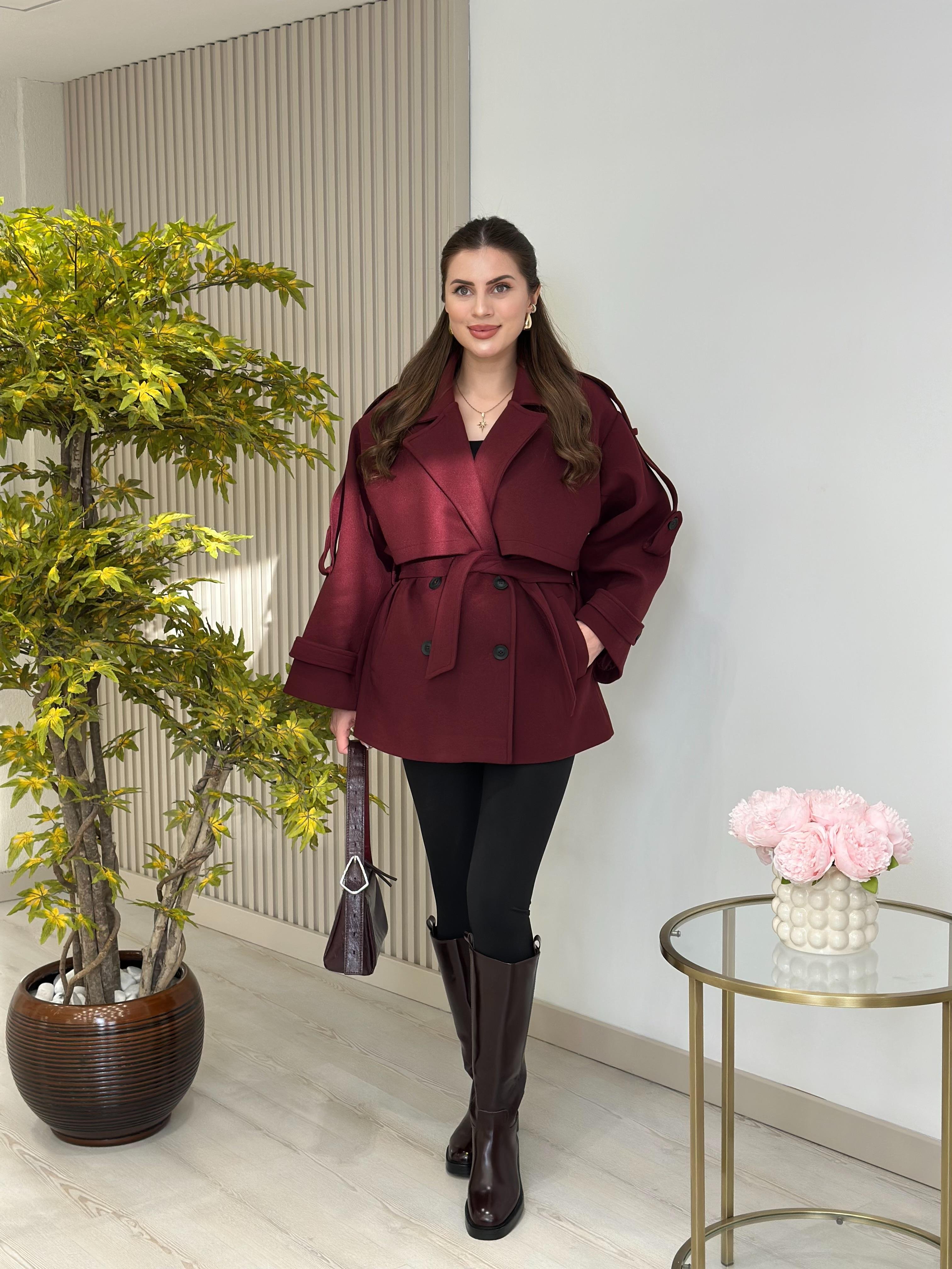 Kuşaklı Premium Seri Kaşe Kaban Bordo
