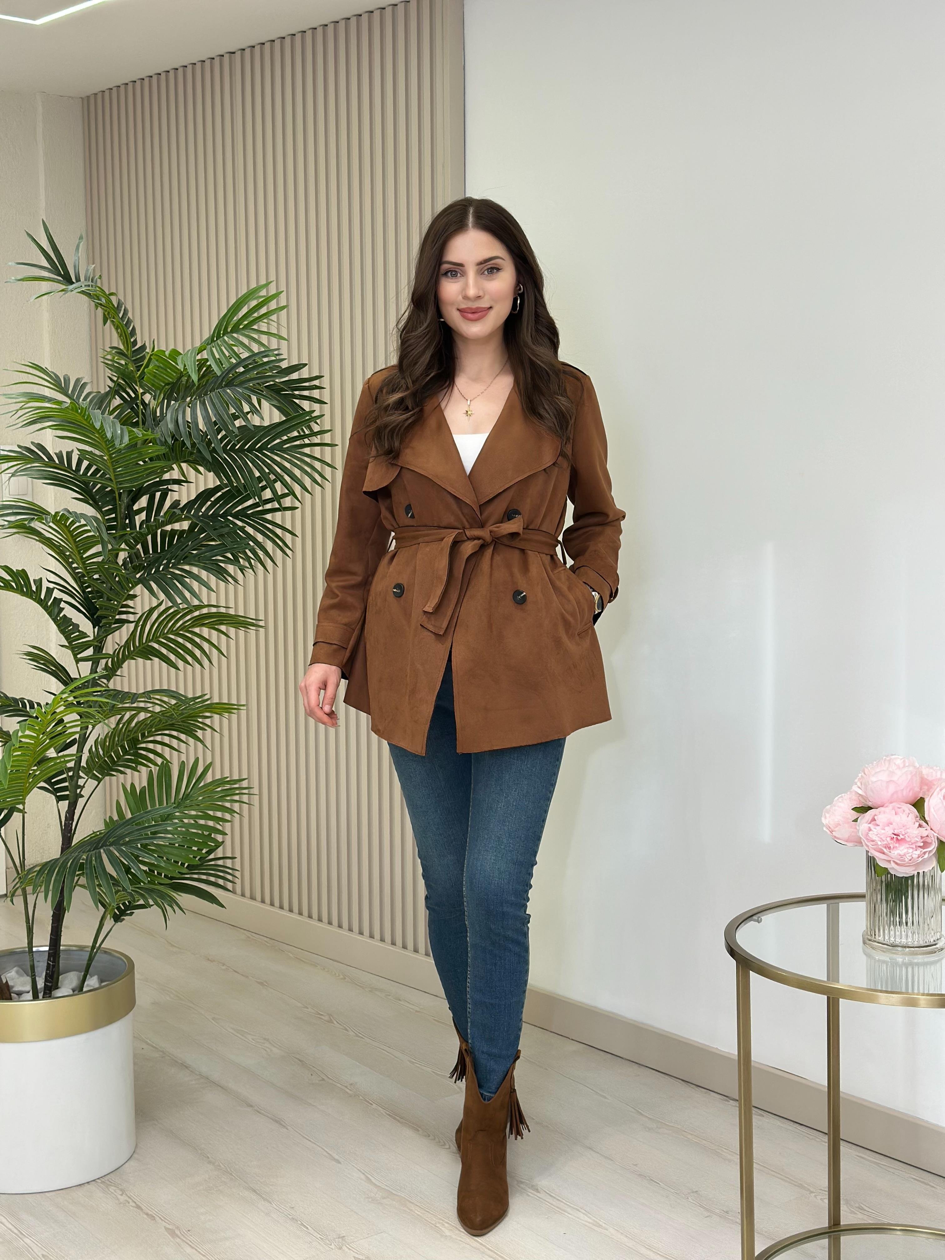 Kuşaklı Süet Trençkot Taba