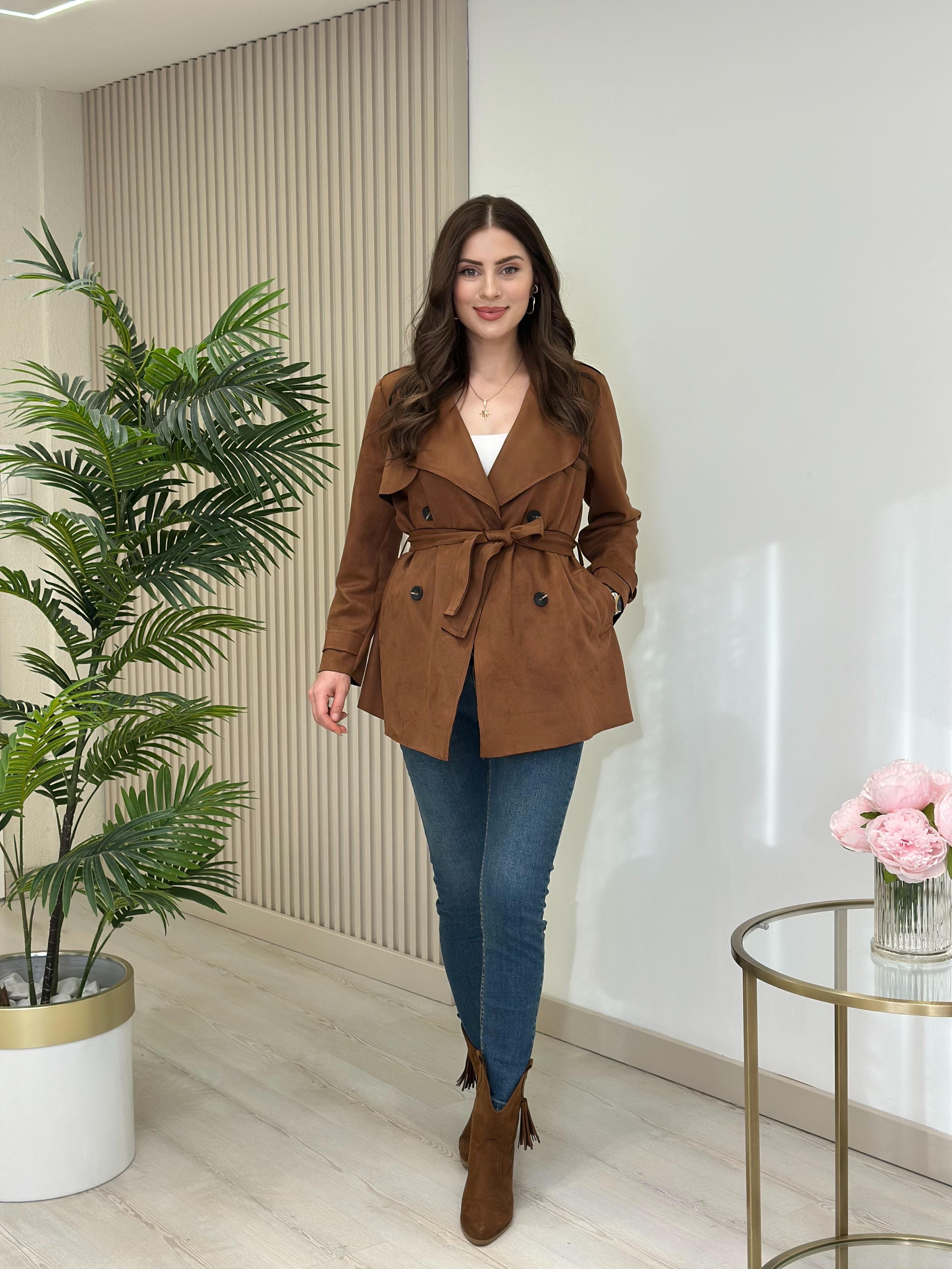 Kuşaklı Süet Trençkot Taba