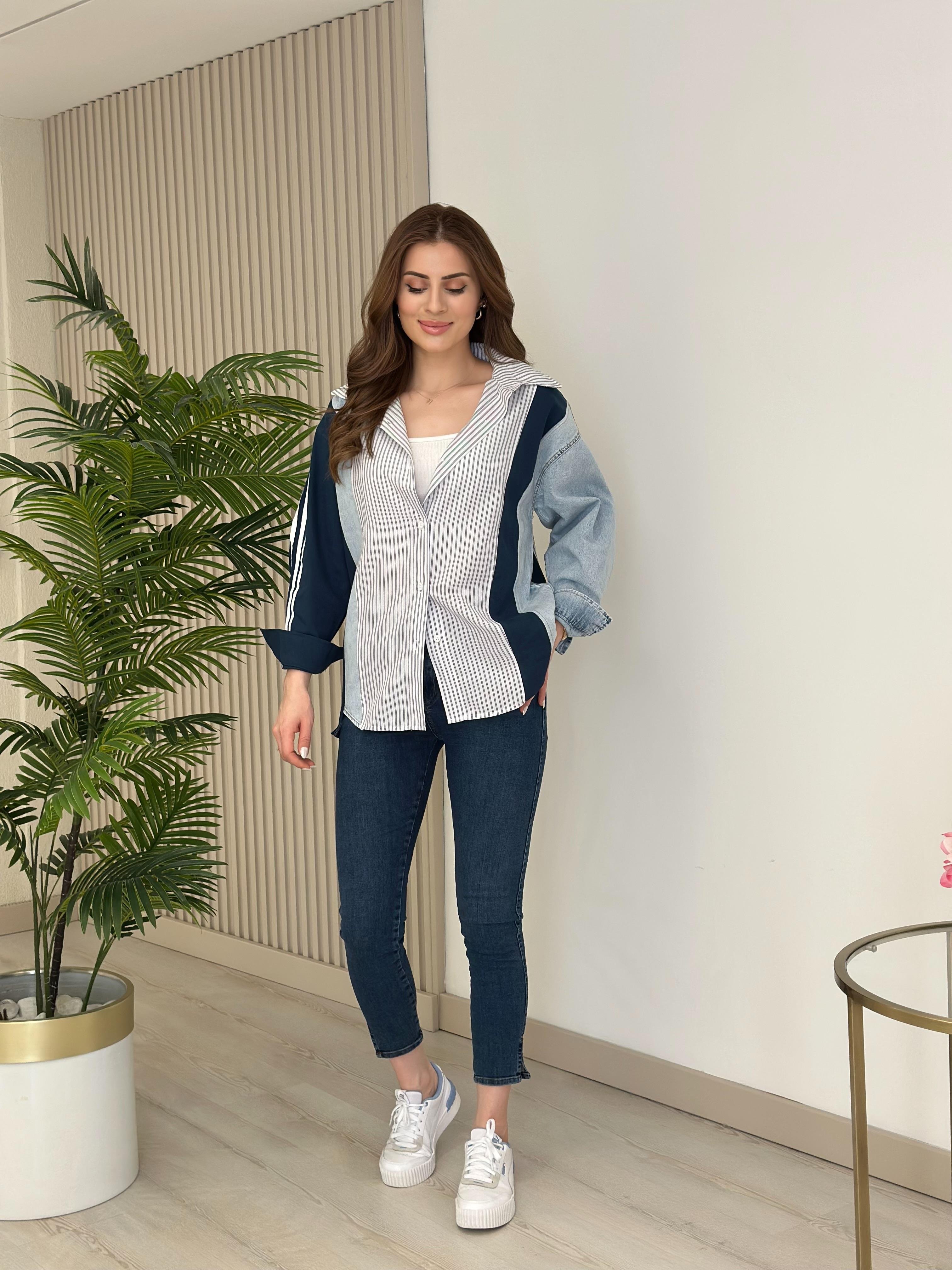 Lacivert Geçişli Jean Detaylı Tasarım Gömlek