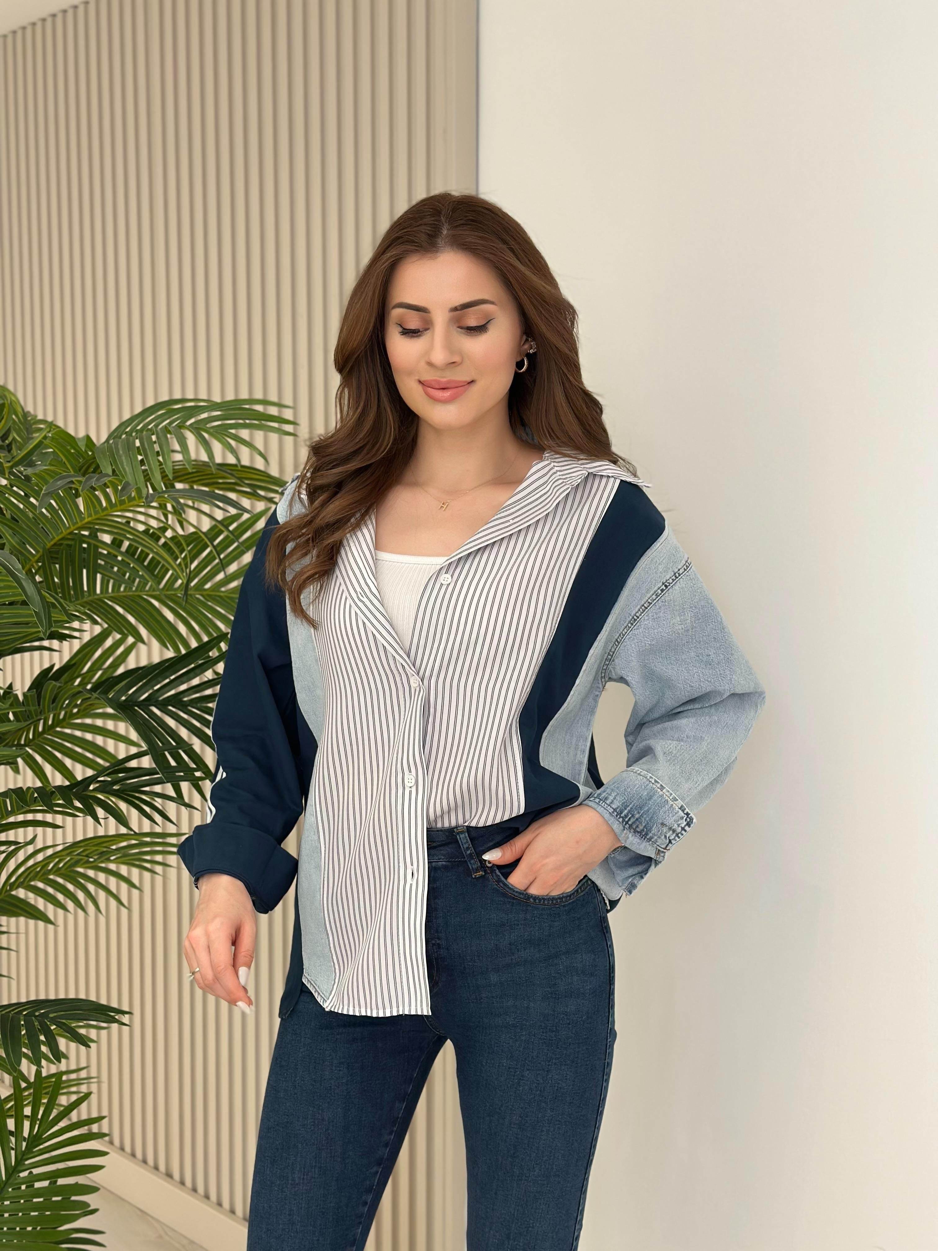 Lacivert Geçişli Jean Detaylı Tasarım Gömlek