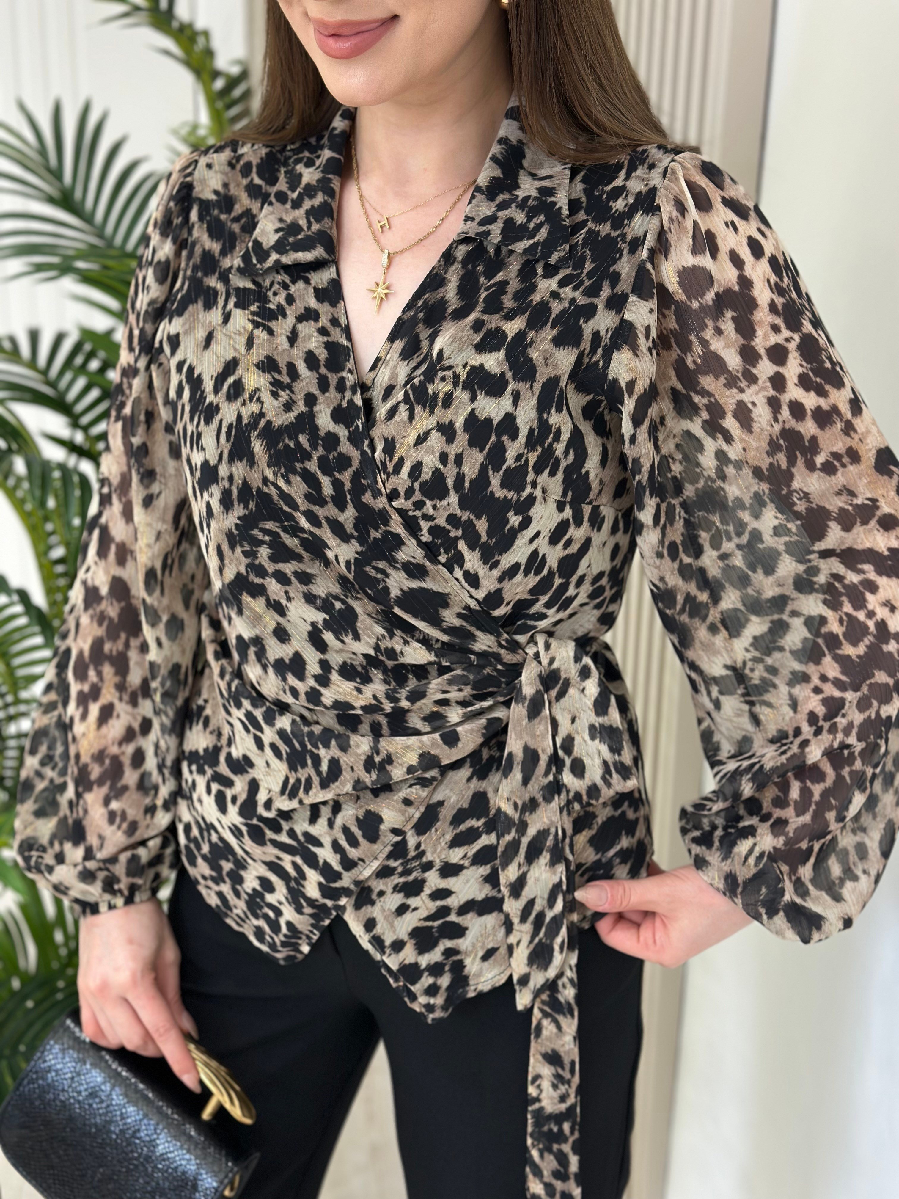 Leopar Desenli Kruvaze Bağlamalı Tül Bluz