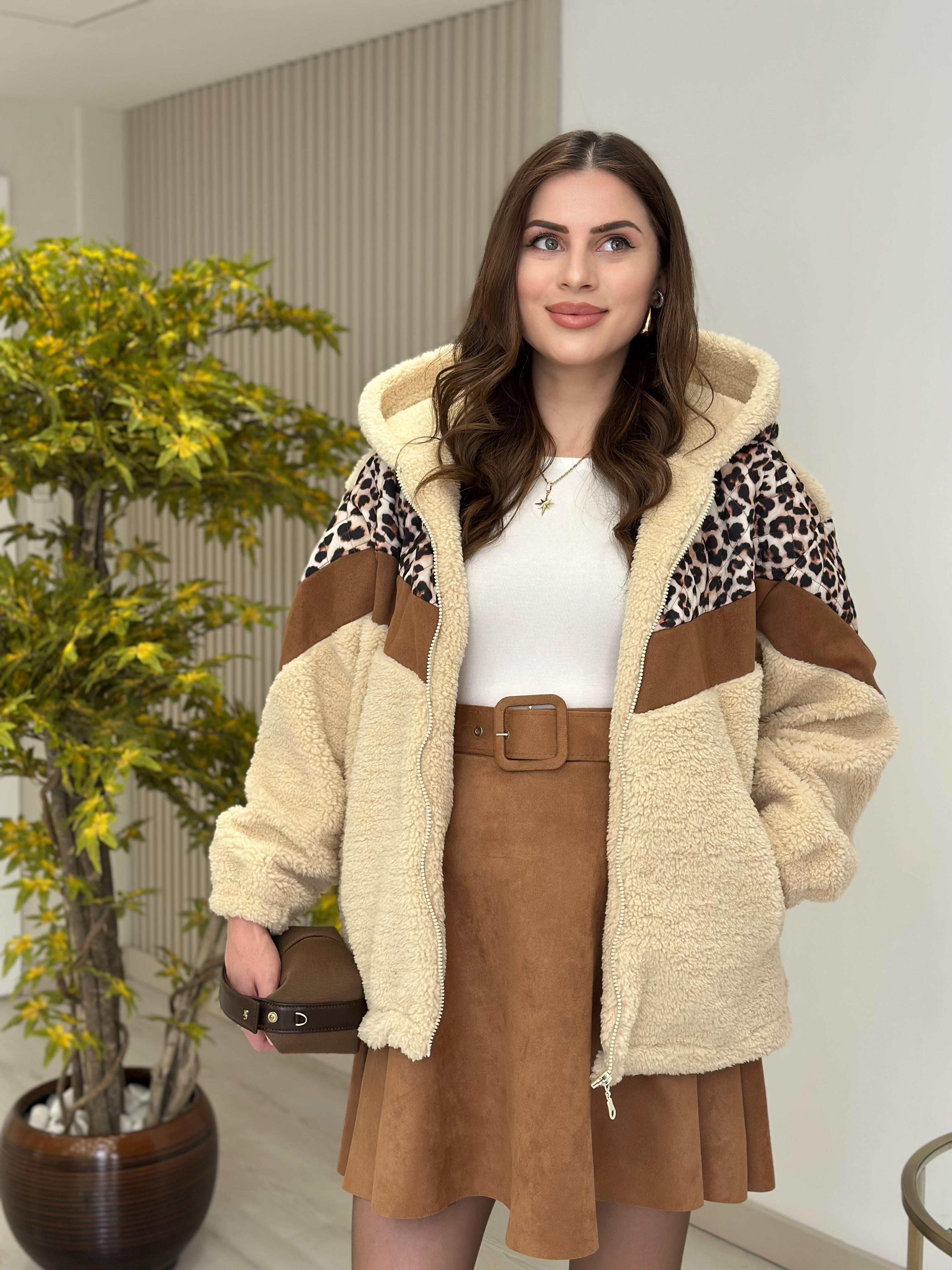 Leopar Desenli Tasarım Teddy Biker Mont 