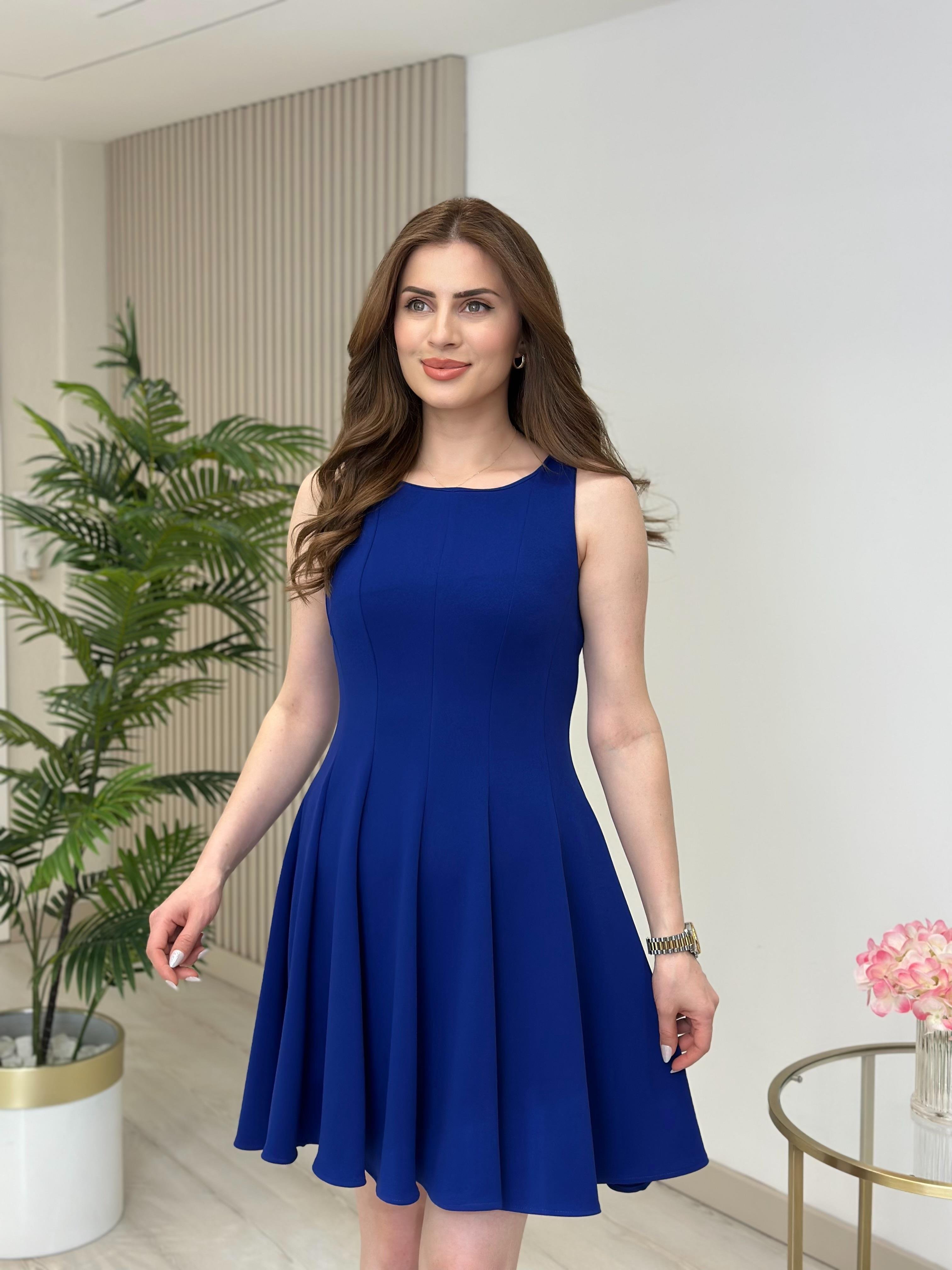 Marka Muadili Sıfır Kol Likralı Elbise Mavi